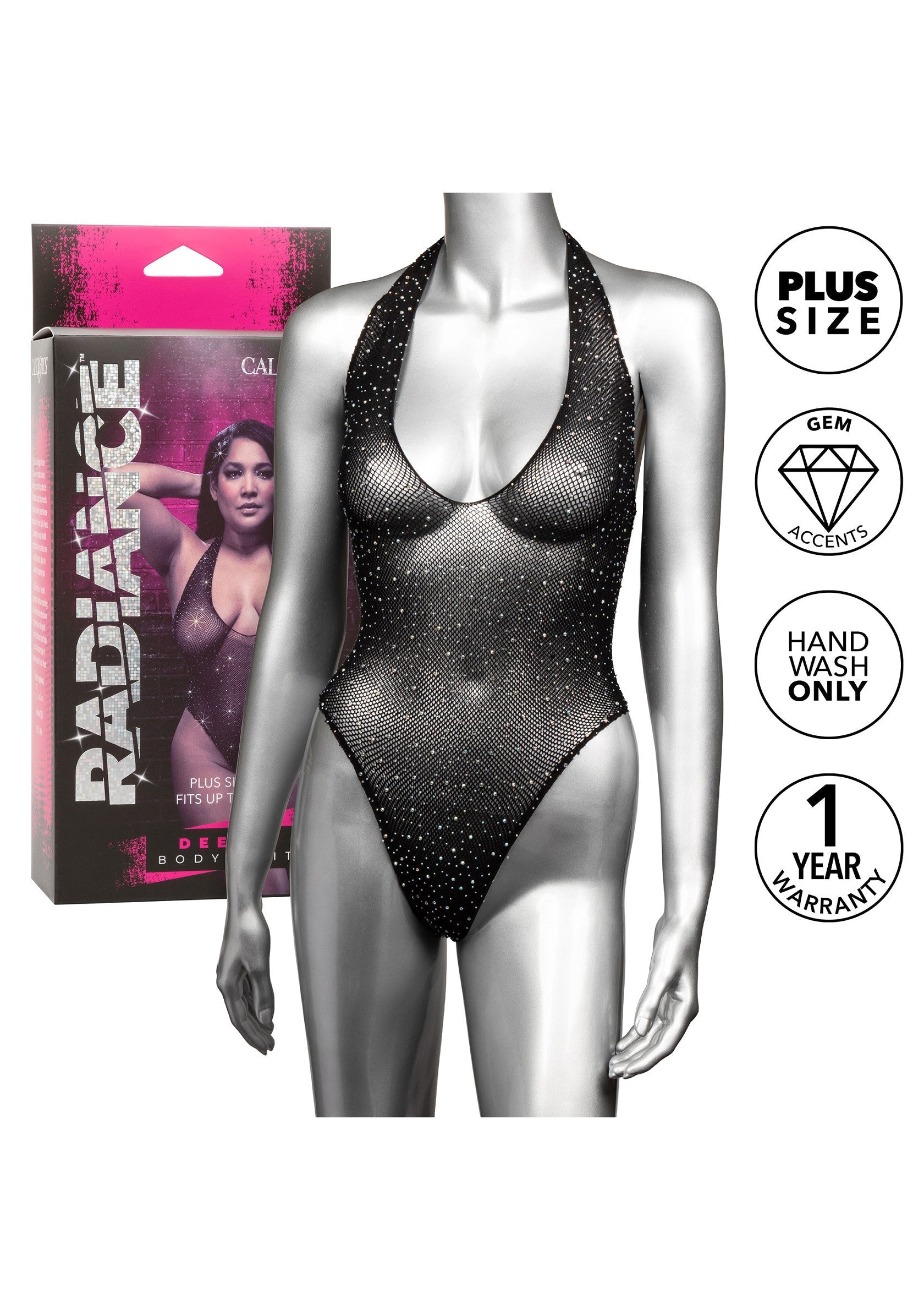 Body noir à strass Radiance pour femmes. Taille Plus disponible.; Radiance zwarte strass body voor dames. Plus size beschikbaar.; Radiance black rhinestone bodysuit for women. Plus size available.