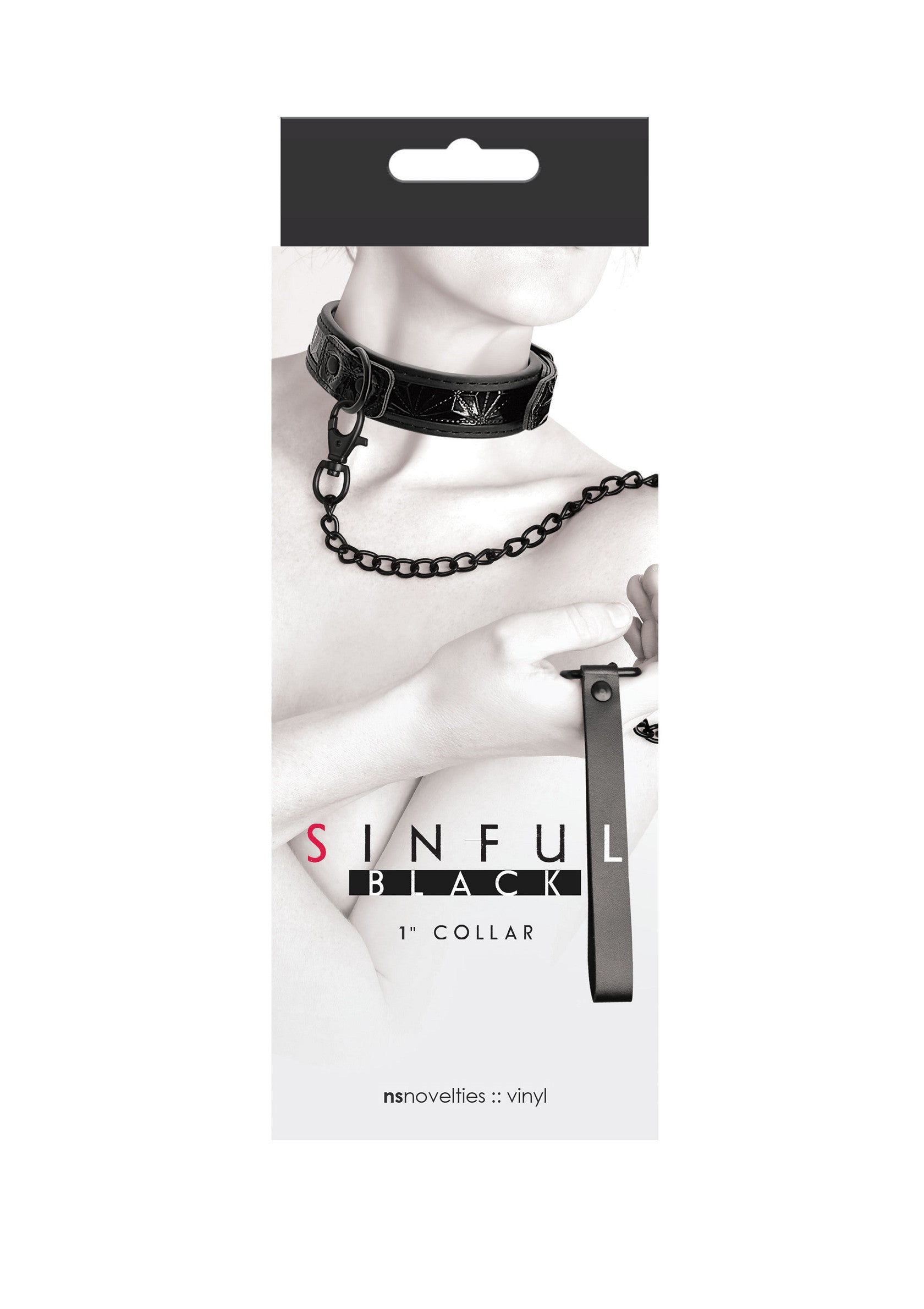 Collier noir en vinyle Sinful Black de 1 pouce avec laisse courte. Accessoire de jeu de rôle adulte.; Sinful Black 1-inch vinyl halsband met korte riem. Accessoire voor volwassen rollenspellen.; Sinful Black 1-inch vinyl collar with short leash. Adult roleplay accessory.