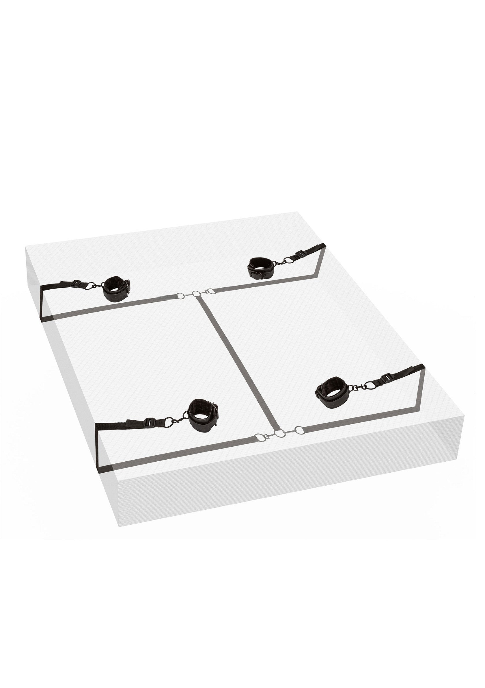 Plateforme de soumission avec menottes pour les mains et les pieds.; Onderwerping platform met handboeien en voetboeien.; Submission platform with handcuffs and ankle cuffs.