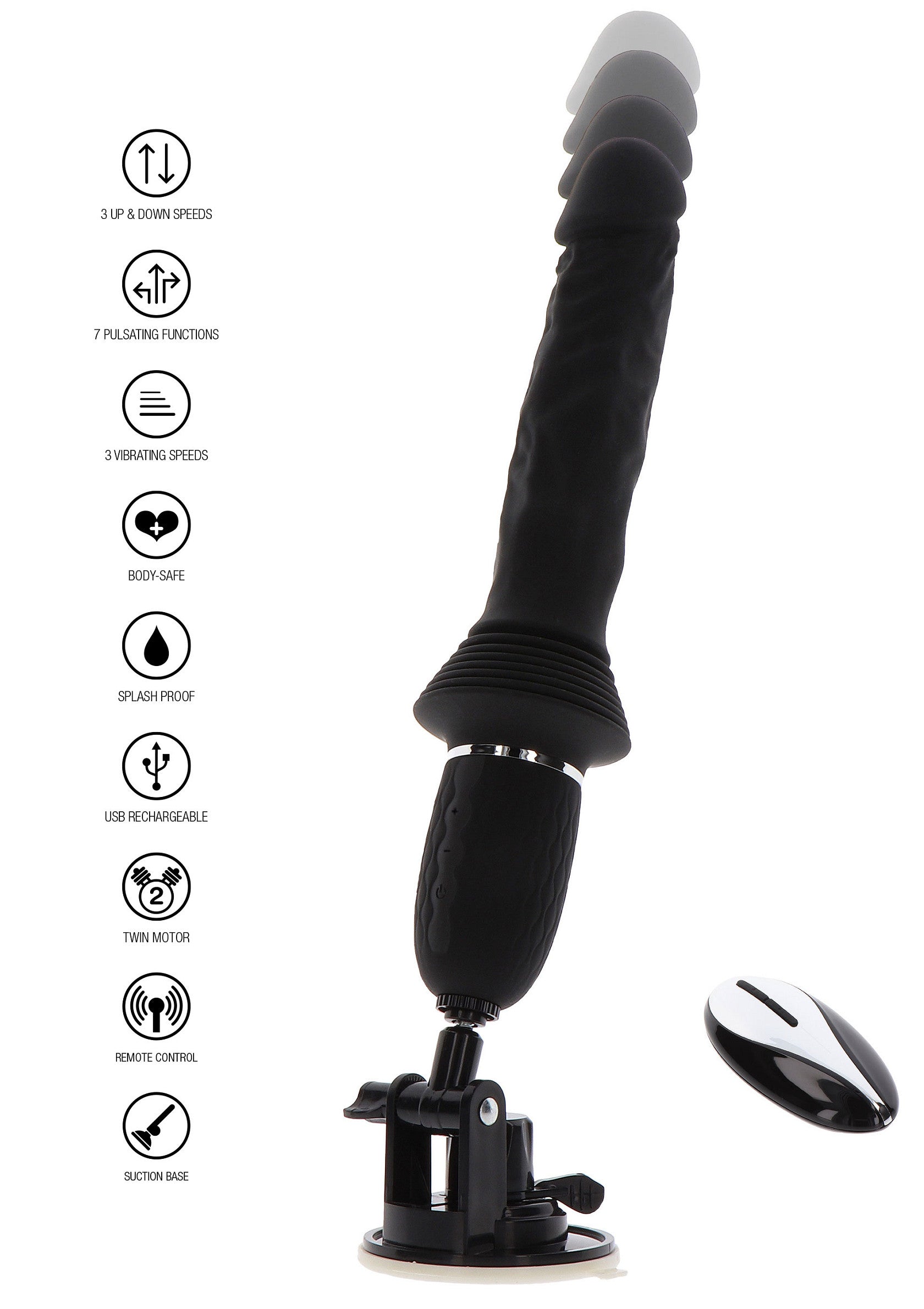 Gode vibrant avec télécommande, ventouse et plusieurs vitesses. Plaisir garanti !; Vibrerende dildo met afstandsbediening, zuignap en meerdere snelheden. Gegarandeerd plezier!; Vibrating dildo with remote, suction cup and multiple speeds. Guaranteed pleasure!