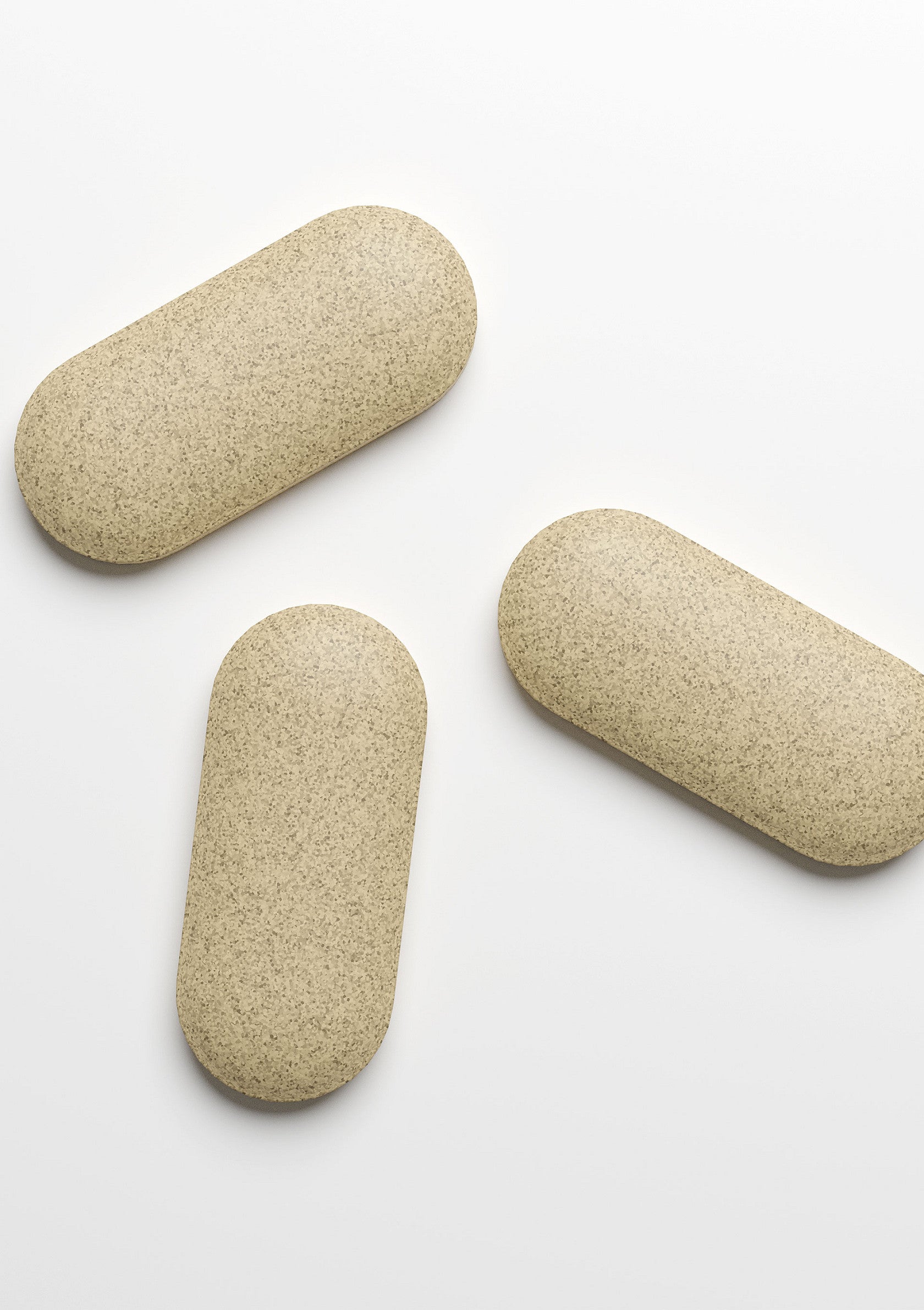 Compléments alimentaires: trois comprimés beiges pour votre bien-être.; Voedingssupplementen: drie beige tabletten voor uw welzijn.; Dietary supplements: Three beige pills for your well-being.