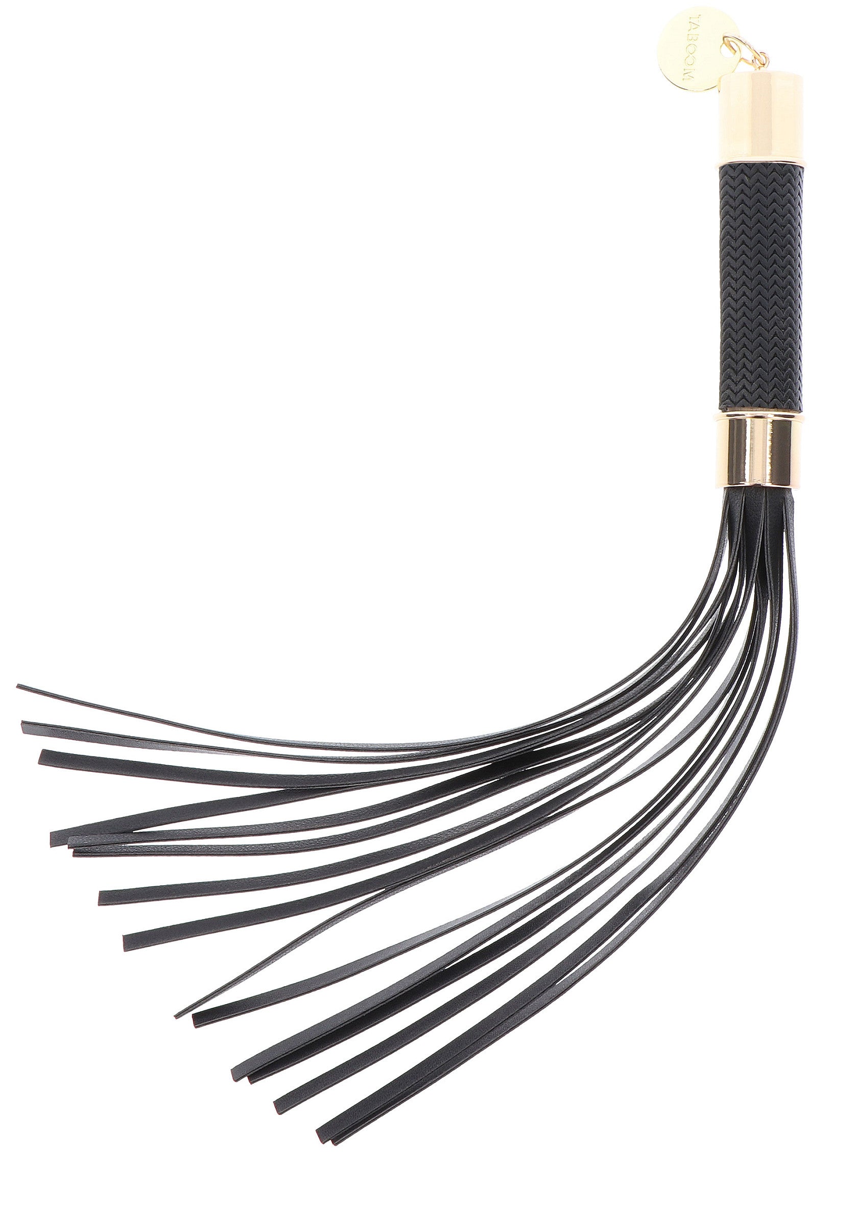 Cravache élégante noire et dorée, accessoire raffiné pour jeux de rôle et plaisir.; Elegante zwarte en gouden zweep, een verfijnd accessoire voor rollenspellen en plezier.; Elegant black and gold whip, a refined accessory for role play and pleasure.