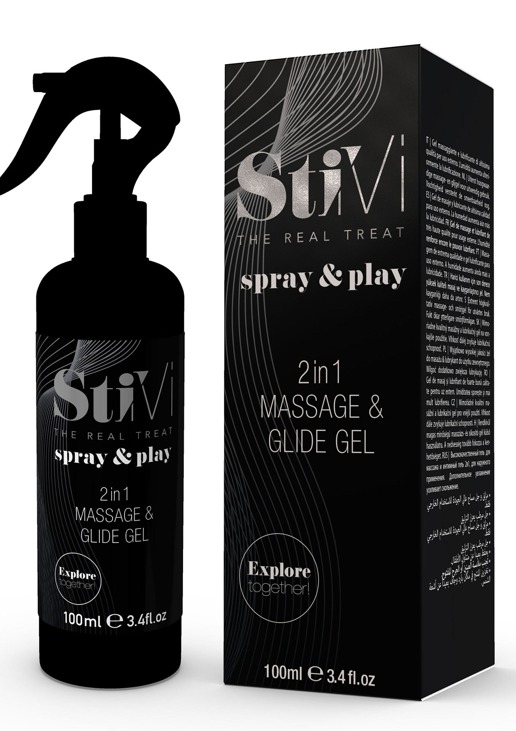 StiVi Spray & Play gel de massage et de glisse 2 en 1. 100 ml pour explorer ensemble. Traitement réel pour le plaisir.; StiVi Spray & Play 2-in-1 massage- en glijgel. 100 ml om samen te verkennen. Echte traktatie voor plezier.; StiVi Spray & Play 2-in-1 massage and glide gel. 100 ml to explore together. The real treat for pleasure.