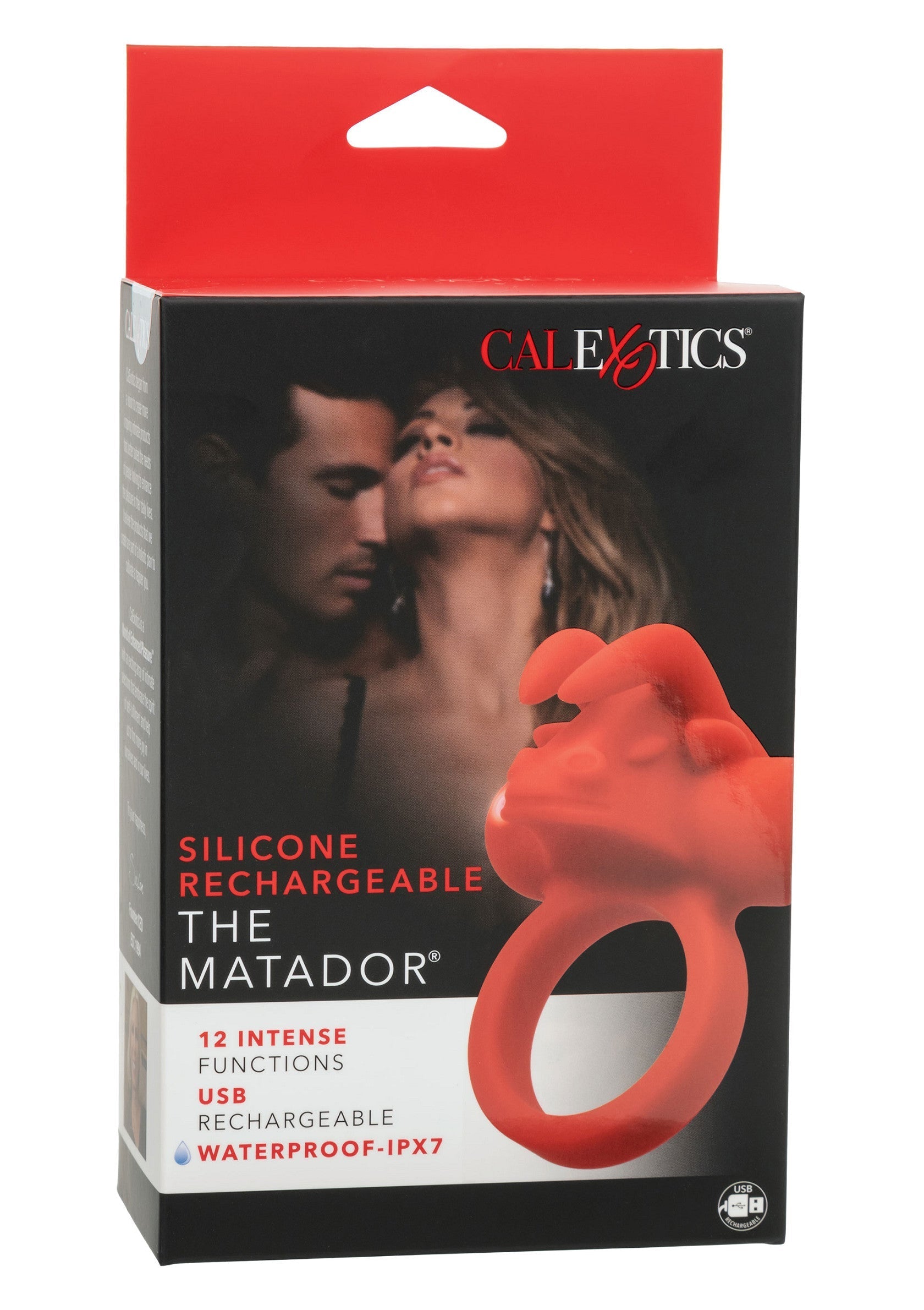 CalExotics The Matador anneau pénien vibrant rechargeable. 12 fonctions, étanche IPX7. Pour des sensations intenses garantie !; CalExotics The Matador oplaadbare vibrerende penisring. 12 functies, IPX7 waterdicht. Voor gegarandeerd intense sensaties!; CalExotics The Matador rechargeable vibrating cock ring. 12 functions, IPX7 waterproof. For guaranteed intense sensations!