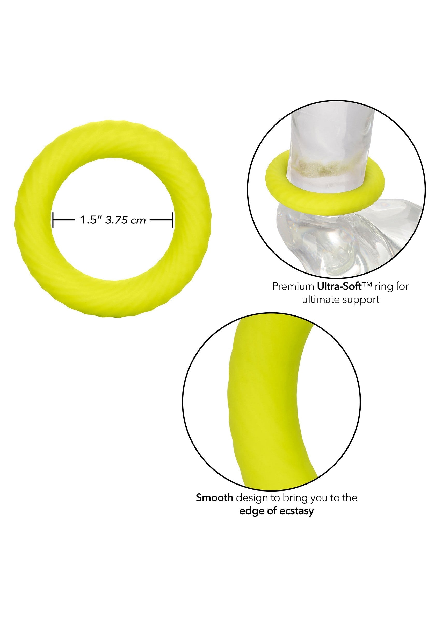 Anneau pénien jaune ultra-doux pour un soutien ultime et une sensation lisse pour le plaisir.; Ultra-zachte gele penisring voor ultieme steun en een gladde sensatie voor genot.; Ultra-soft yellow cock ring for ultimate support and smooth sensation for pleasure.
