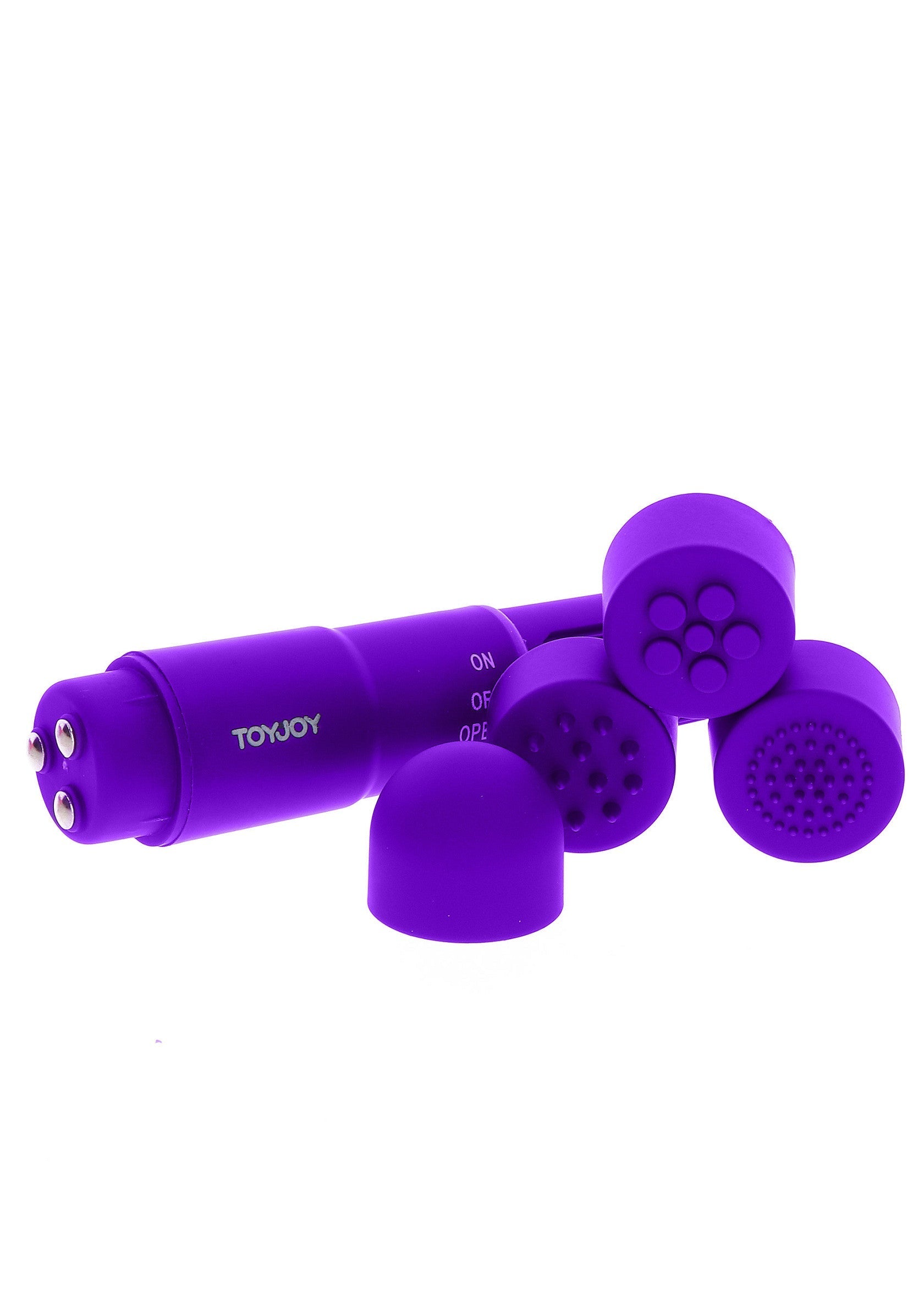 Masseur vibrant ToyJoy violet avec embouts interchangeables pour une expérience personnalisée.; Paarse ToyJoy vibrerende stimulator met verwisselbare opzetstukken voor een persoonlijke ervaring.; Purple ToyJoy vibrating massager with interchangeable heads for a personalized experience.