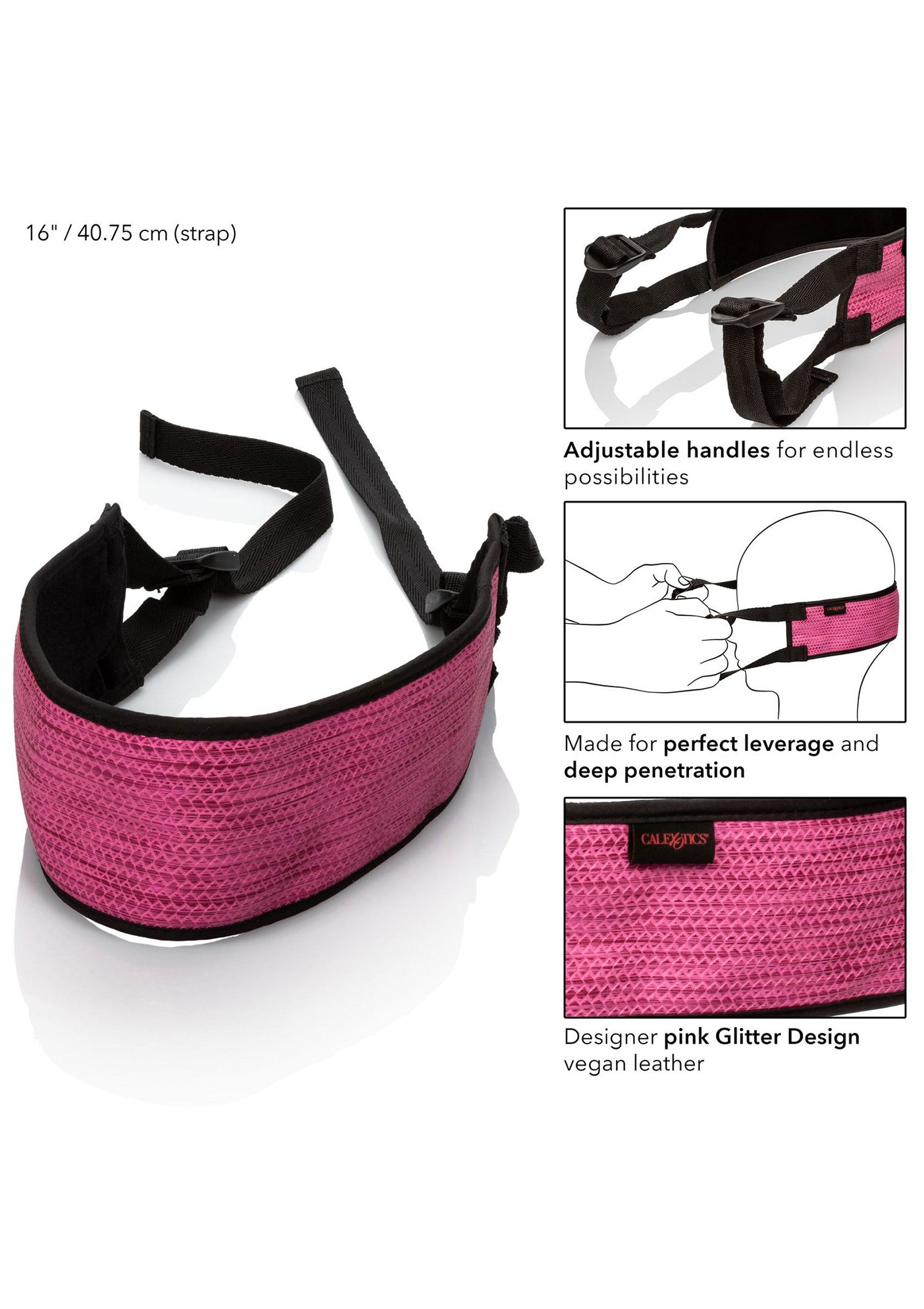 Harnais de tête rose pailleté de designer. Cuir végétalien, sangles réglables pour une utilisation et une pénétration parfaites.; Designer roze glitter hoofdband. Veganistisch leer, verstelbare banden voor perfecte hefboomwerking en diepe penetratie.; Designer pink glitter head harness. Vegan leather, adjustable straps for perfect leverage and deep penetration.