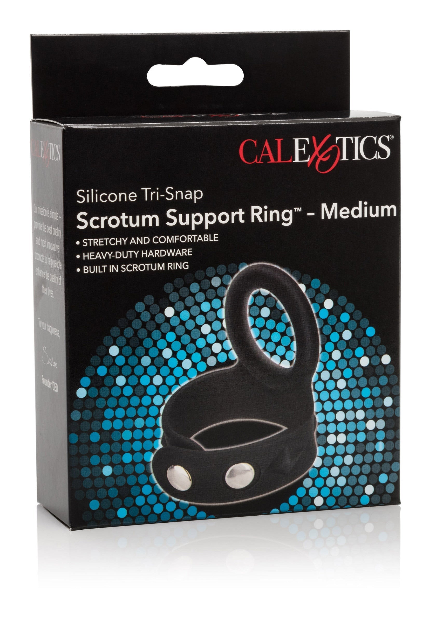 Anneau de support scrotal CalExotics Tri-Snap en silicone, taille médium. Soutien confortable et extensible.; CalExotics Silicone Tri-Snap scrotum ondersteuningsring, medium maat. Comfortabele, rekbare ondersteuning.; CalExotics Silicone Tri-Snap scrotum support ring, medium size. Comfortable, stretchy support.