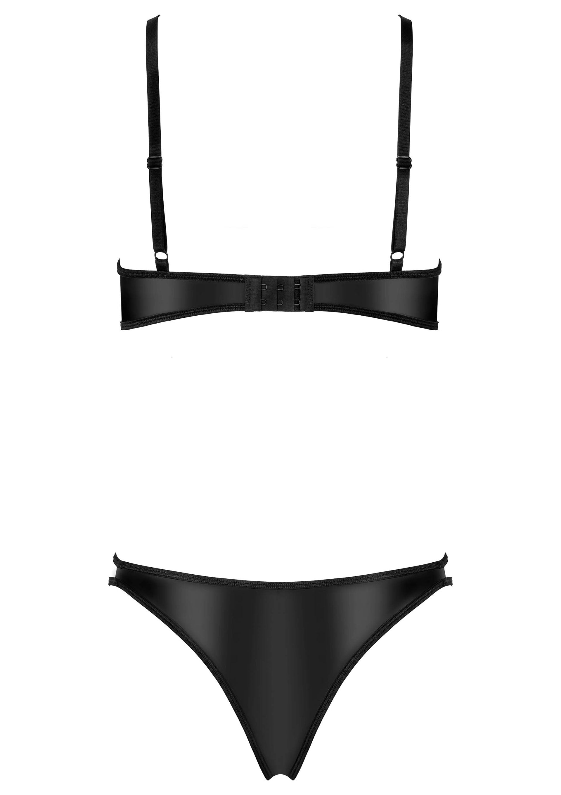 Ensemble de lingerie noir élégant comprenant un soutien-gorge et une culotte assortie.; Elegante zwarte lingerie set met een bh en bijpassende slip.; Elegant black lingerie set including a bra and matching panty.