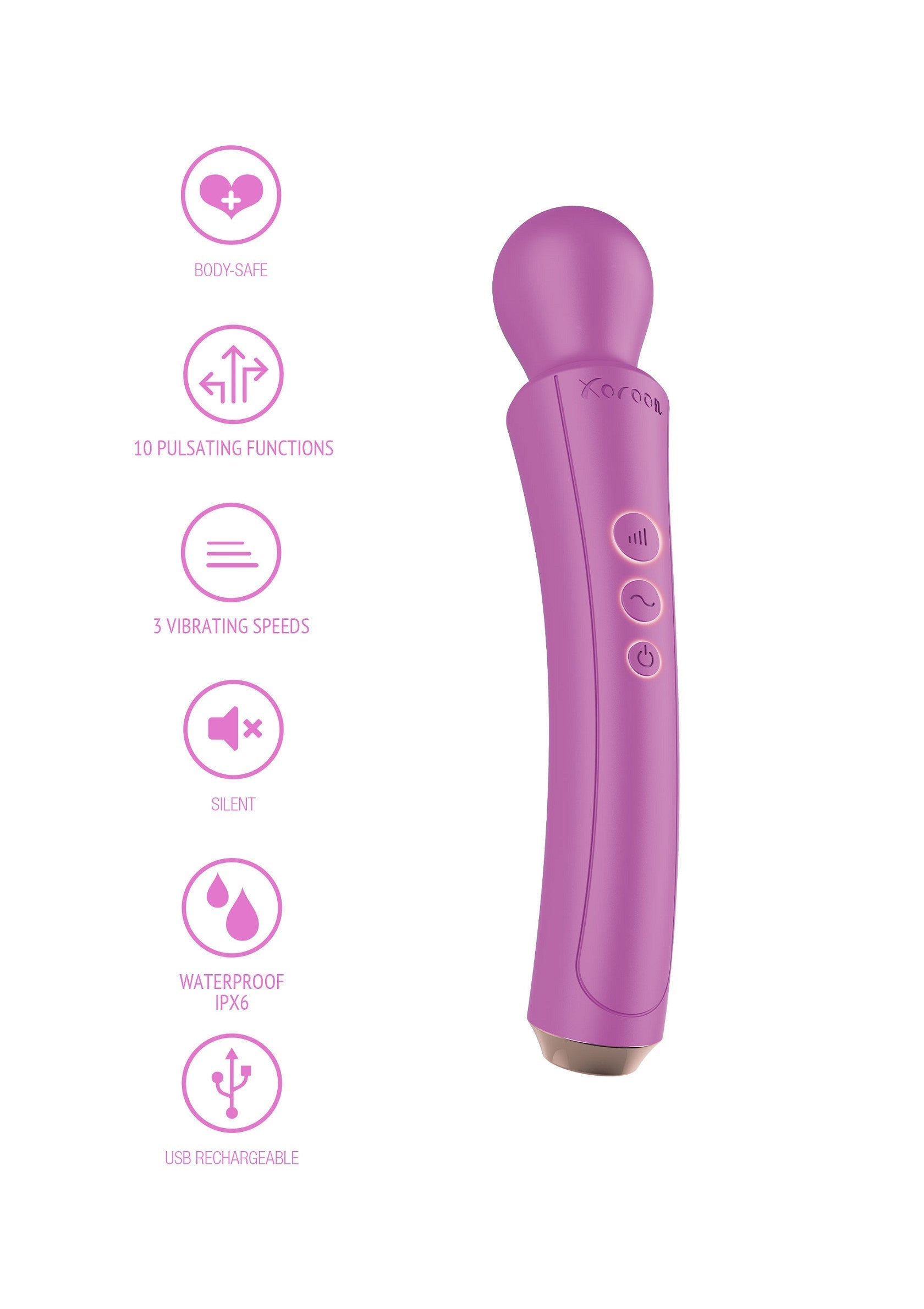 Masseur vibrant violet avec 10 fonctions de pulsation, 3 vitesses, étanche et rechargeable par USB.; Paarse vibrerende massager met 10 pulsatiefuncties, 3 snelheden, waterdicht en USB oplaadbaar.; Purple vibrating massager with 10 pulsating functions, 3 speeds, waterproof and USB rechargeable.