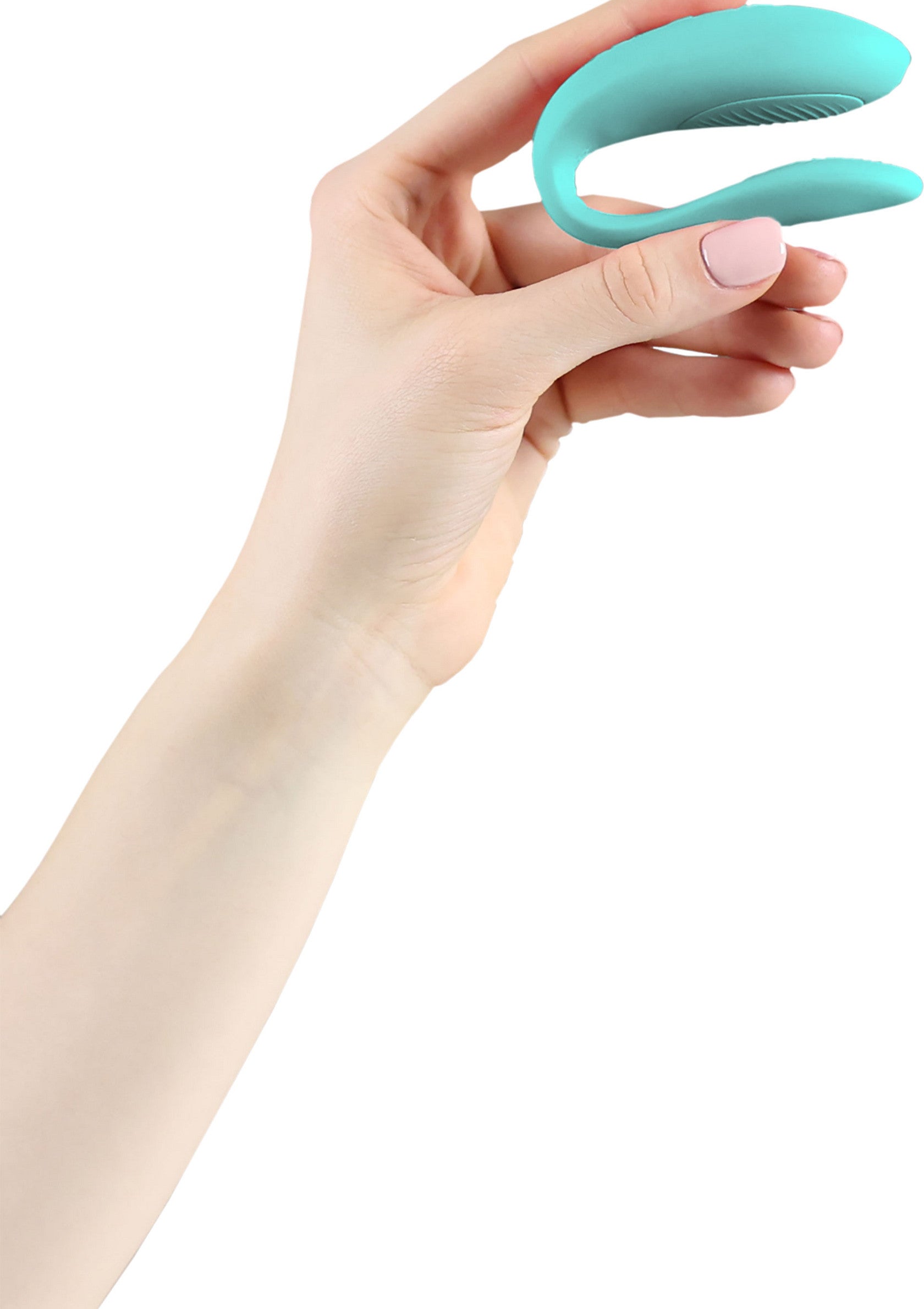 Masseur de couple en silicone turquoise. Jouet intime pour couples.; Turkooizen siliconen koppel stimulator. Intiem speeltje voor koppels.; Turquoise silicone couple massager. Intimate toy for couples.