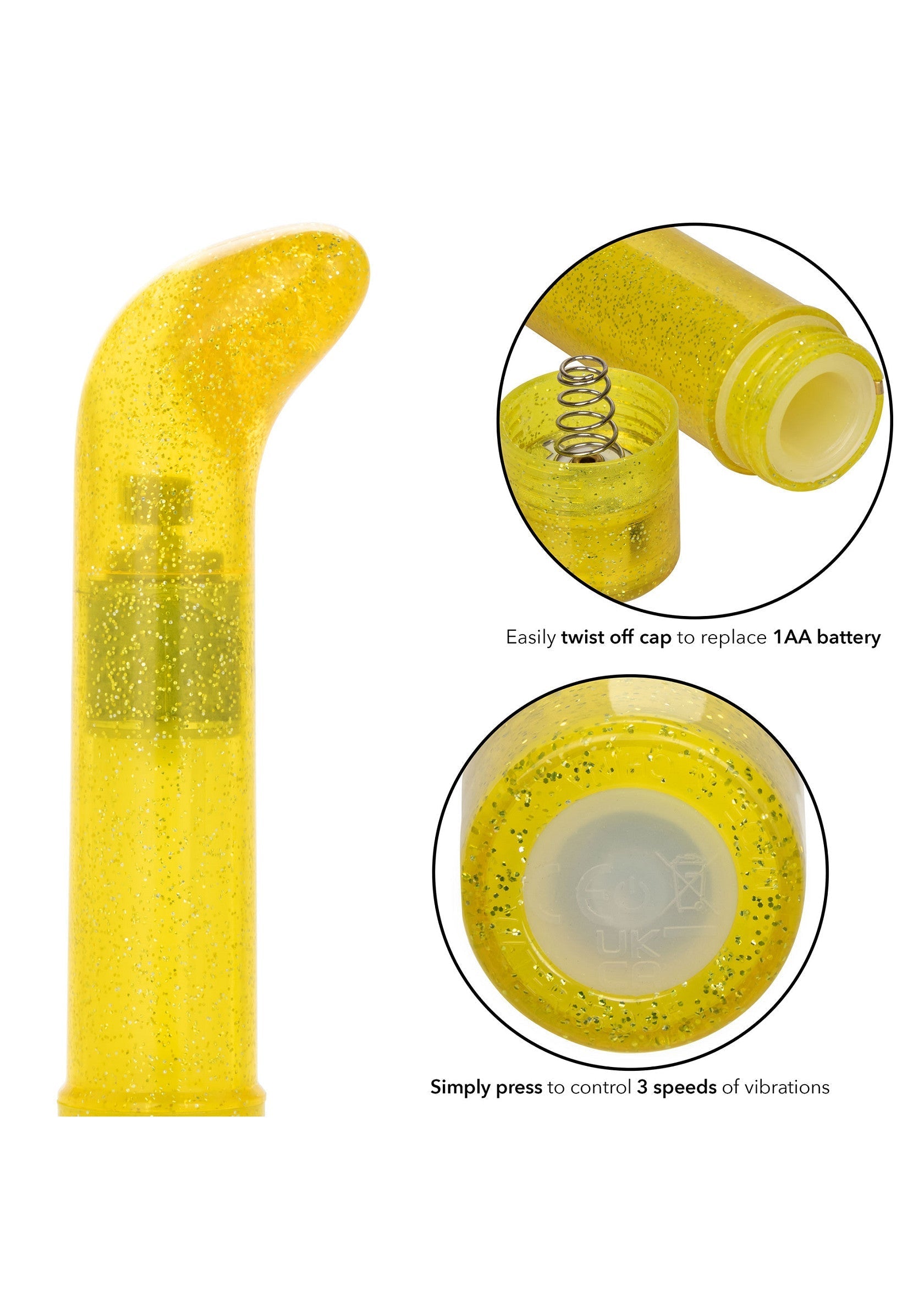Masseur vibrant jaune à paillettes. Facile à utiliser avec 3 vitesses de vibration. Alimenté par pile.; Glitters gele vibrerende stimulator. Gemakkelijk te gebruiken met 3 vibratiesnelheden. Werkt op batterijen.; Glittery yellow vibrating massager. Easy to use with 3 speeds of vibration. Battery operated.