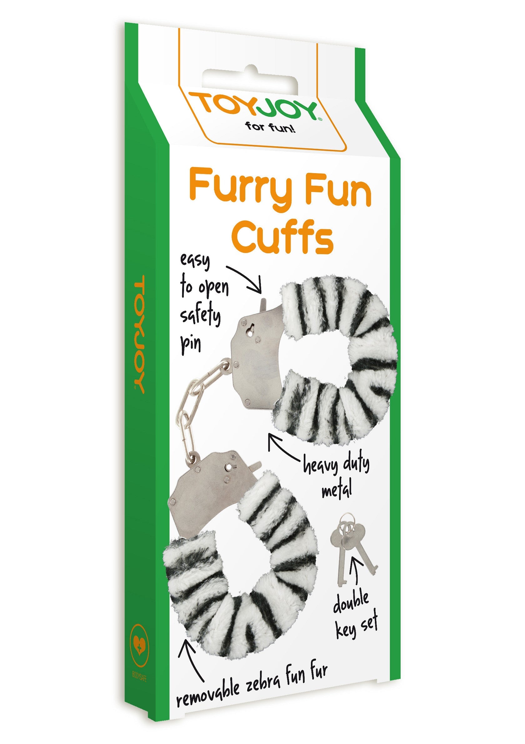 Menottes amusantes à fourrure zébrée ToyJoy. Accessoire coquin et ludique pour adultes.; ToyJoy Furry Fun handboeien met zebraprint. Speels en ondeugend accessoire voor volwassenen.; ToyJoy Furry Fun zebra print cuffs. Playful and kinky adult accessory.