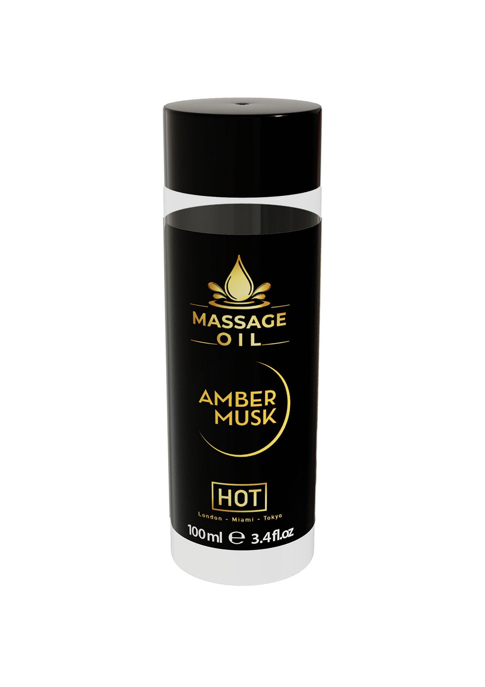 Huile de massage Amber Musk HOT 100ml pour une expérience sensuelle et relaxante.; Amber Musk HOT massageolie 100ml voor een sensuele en ontspannende ervaring.; Amber Musk HOT massage oil 100ml for a sensual and relaxing experience.