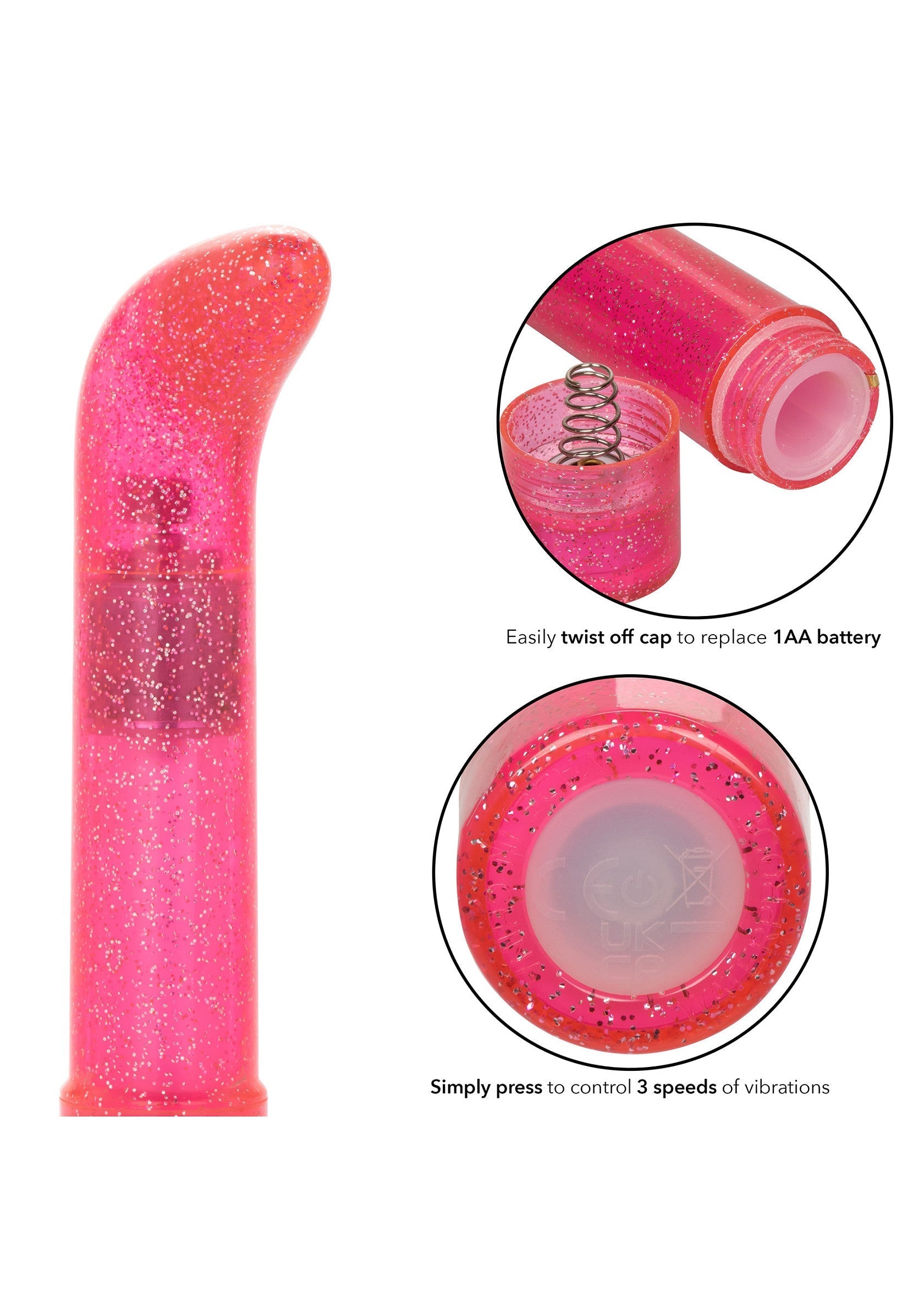 Vibromasseur rose à paillettes avec 3 vitesses. Fonctionne avec une pile AA.; Roze glitter vibrator met 3 snelheden. Werkt op 1 AA batterij.; Pink glitter vibrator with 3 speeds. Runs on 1 AA battery.
