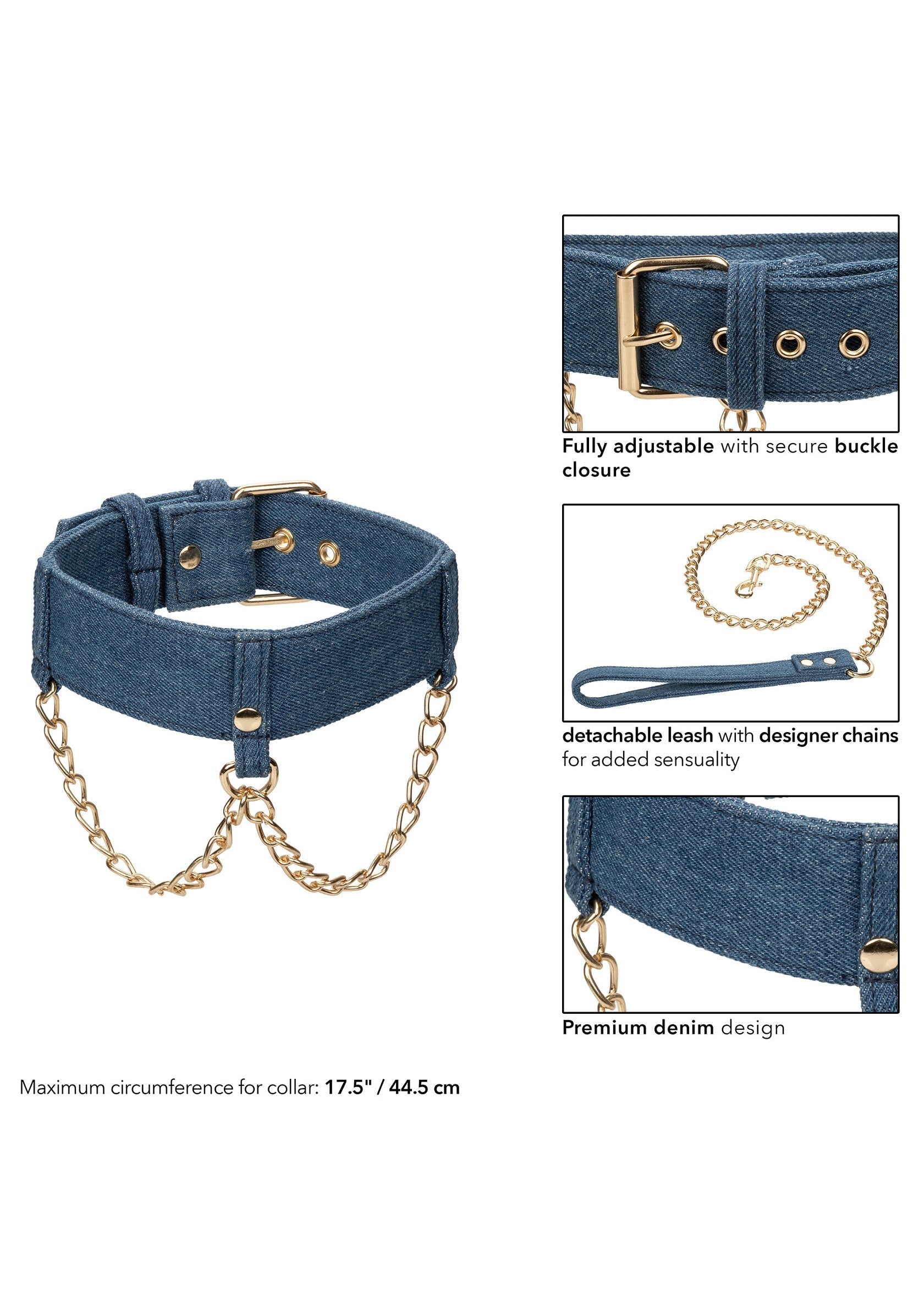 Collier en jean avec chaîne dorée et laisse amovible. Chic et sensuel.; Denim halsband met gouden ketting en afneembare riem. Stijlvol en sensueel.; Denim collar with gold chain and detachable leash. Stylish and sensual.