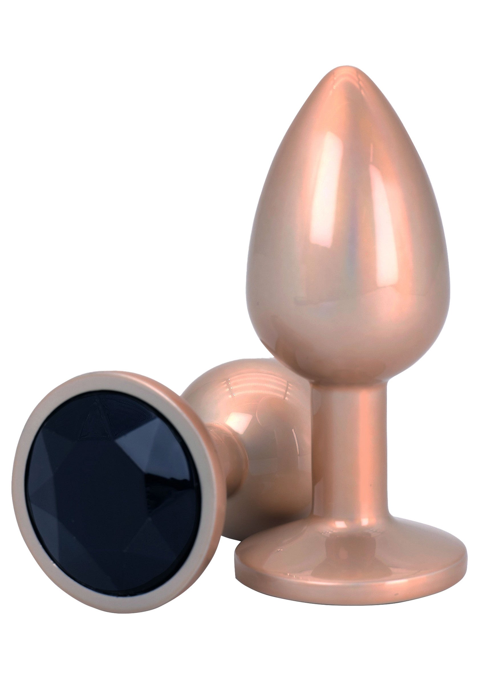 Deux plugs anaux roses avec une pierre précieuse noire pour une touche d'élégance et de plaisir.; Twee roze anale plugs met een zwarte edelsteen voor een elegante en genotvolle ervaring.; Two pink butt plugs featuring a black gemstone for an elegant and pleasurable experience.