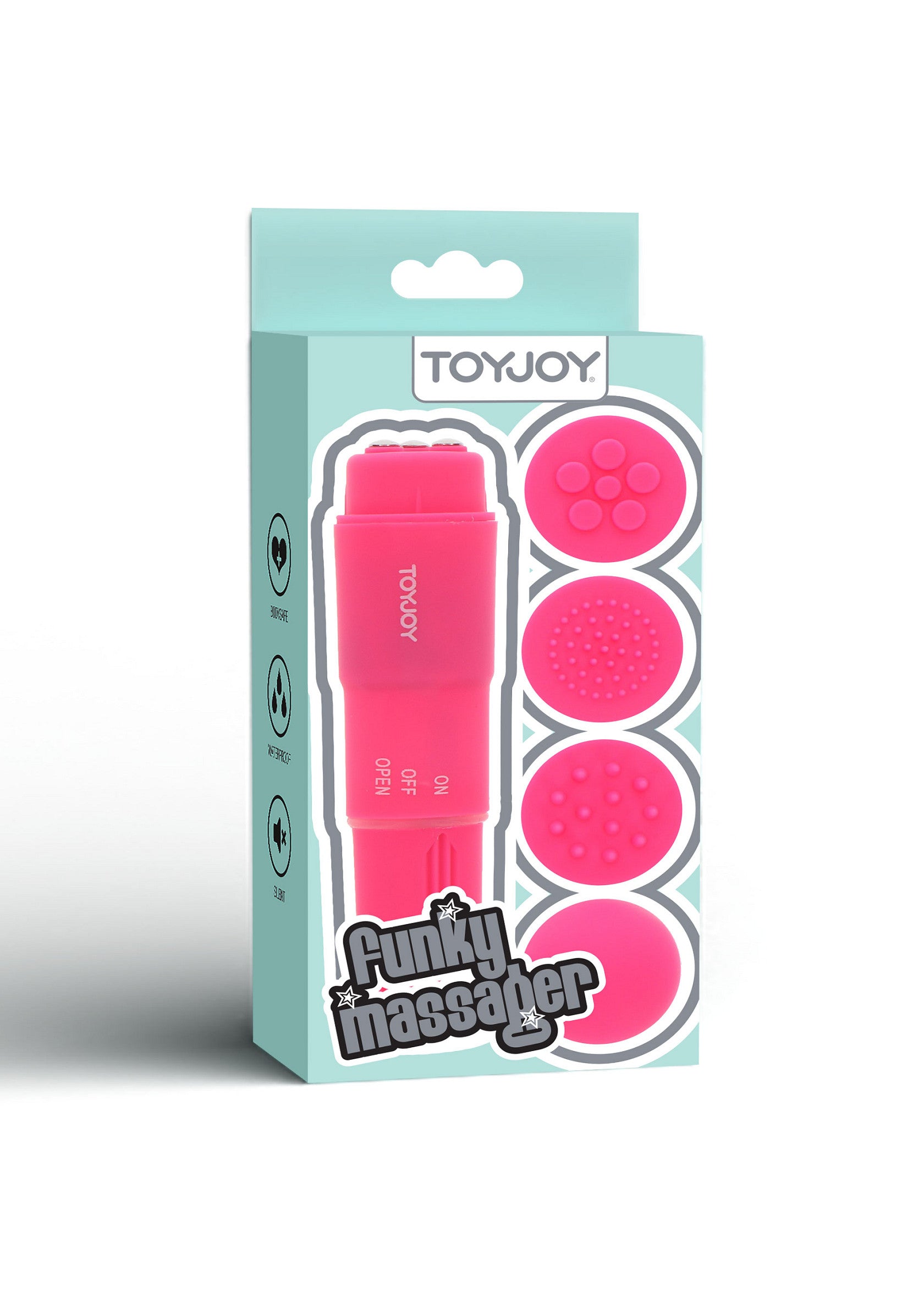 Funky Massager ToyJoy rose avec embouts interchangeables pour une expérience unique.; Roze Funky Massager van ToyJoy met verwisselbare opzetstukken voor een unieke ervaring.; Pink ToyJoy Funky Massager with interchangeable tips for a unique experience.