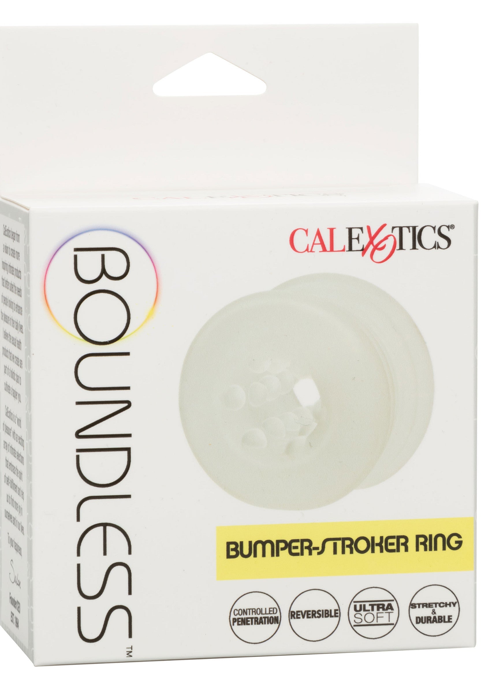 Anneau pénien CalExotics Boundless Bumper-Stroker. Améliorez votre endurance et votre plaisir. Souple, durable et extensible.; CalExotics Boundless Bumper-Stroker ring. Verbeter je uithoudingsvermogen en plezier. Soepel, duurzaam en rekbaar.; CalExotics Boundless Bumper-Stroker ring. Enhance your stamina and pleasure. Supple, durable, and stretchy.