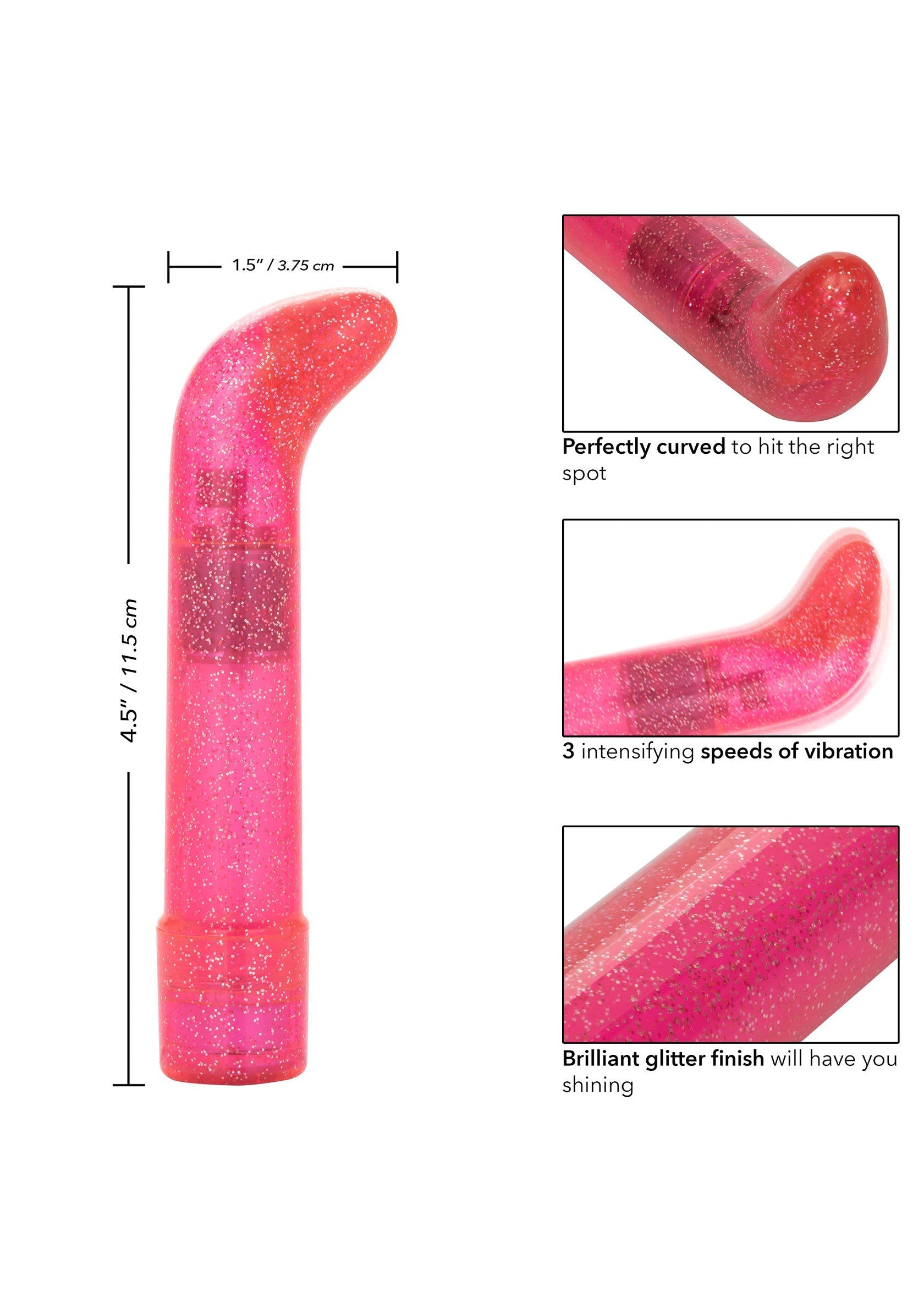 Vibromasseur rose à paillettes avec 3 vitesses et une courbure parfaite. Dimensions : 11,5 cm x 3,75 cm.; Roze glitter vibrator met 3 snelheden en een perfecte curve. Afmetingen: 11,5 cm x 3,75 cm.; Pink glitter vibrator with 3 speeds and a perfect curve. Dimensions: 4.5" / 11.5 cm x 1.5" / 3.75 cm.