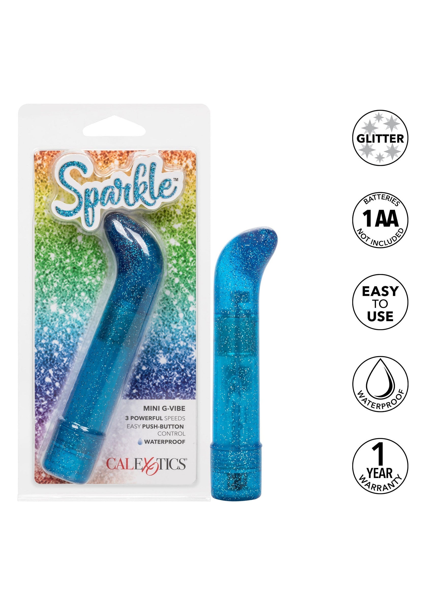Mini vibromasseur G-vibe bleu scintillant, étanche, facile à utiliser et garanti 1 an.; Mini G-vibe vibrator, blauw met glitters, waterdicht, makkelijk in gebruik en 1 jaar garantie.; Sparkle mini G-vibe vibrator in blue glitter, waterproof, easy to use & 1 year warranty.