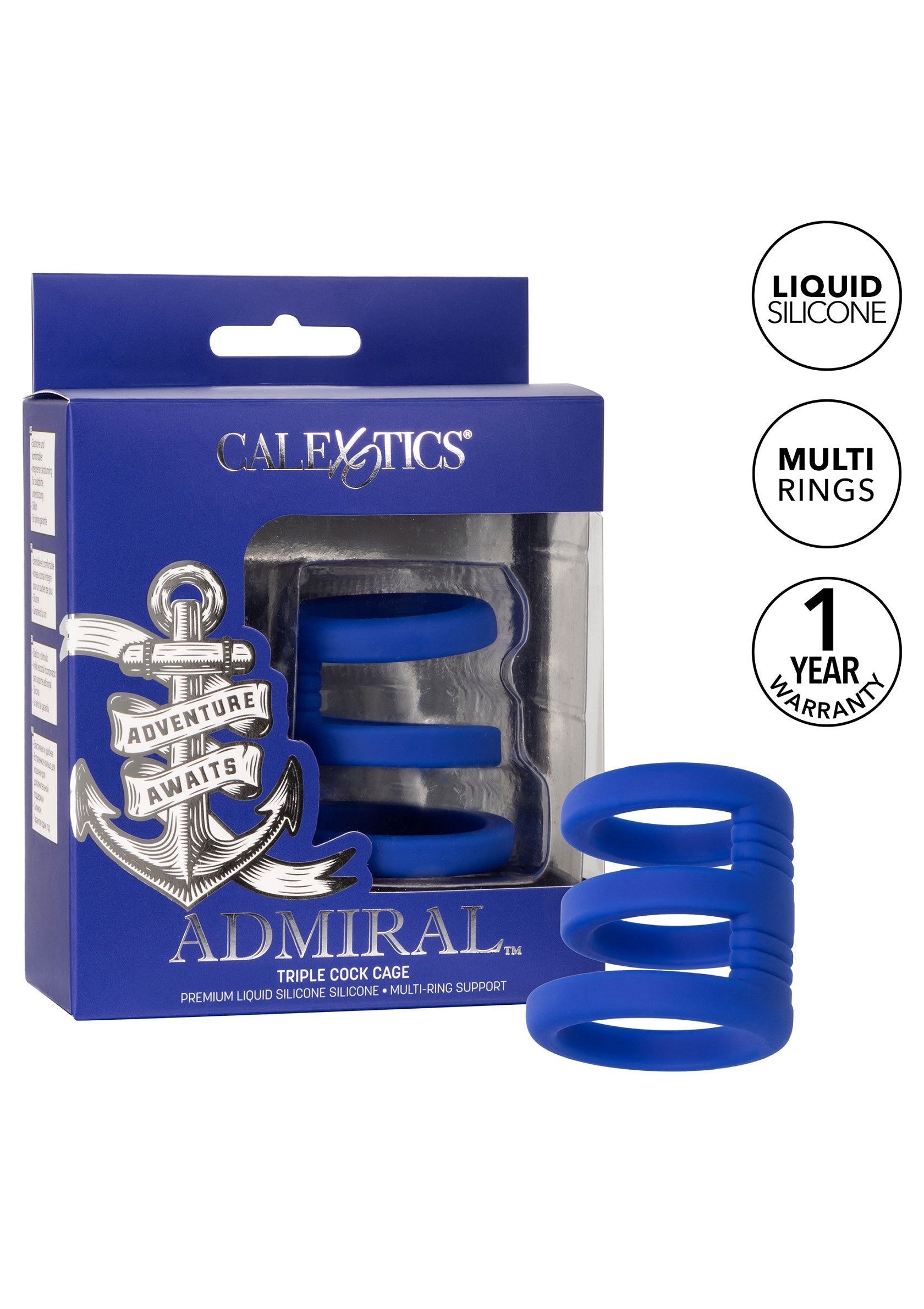 CalExotics Admiral Triple Cock Case en silicone liquide bleu pour plus de plaisir.; CalExotics Admiral Triple Cock Case in blauwe vloeibare siliconen voor extra genot.; CalExotics Admiral Triple Cock Case in blue liquid silicone for added pleasure.