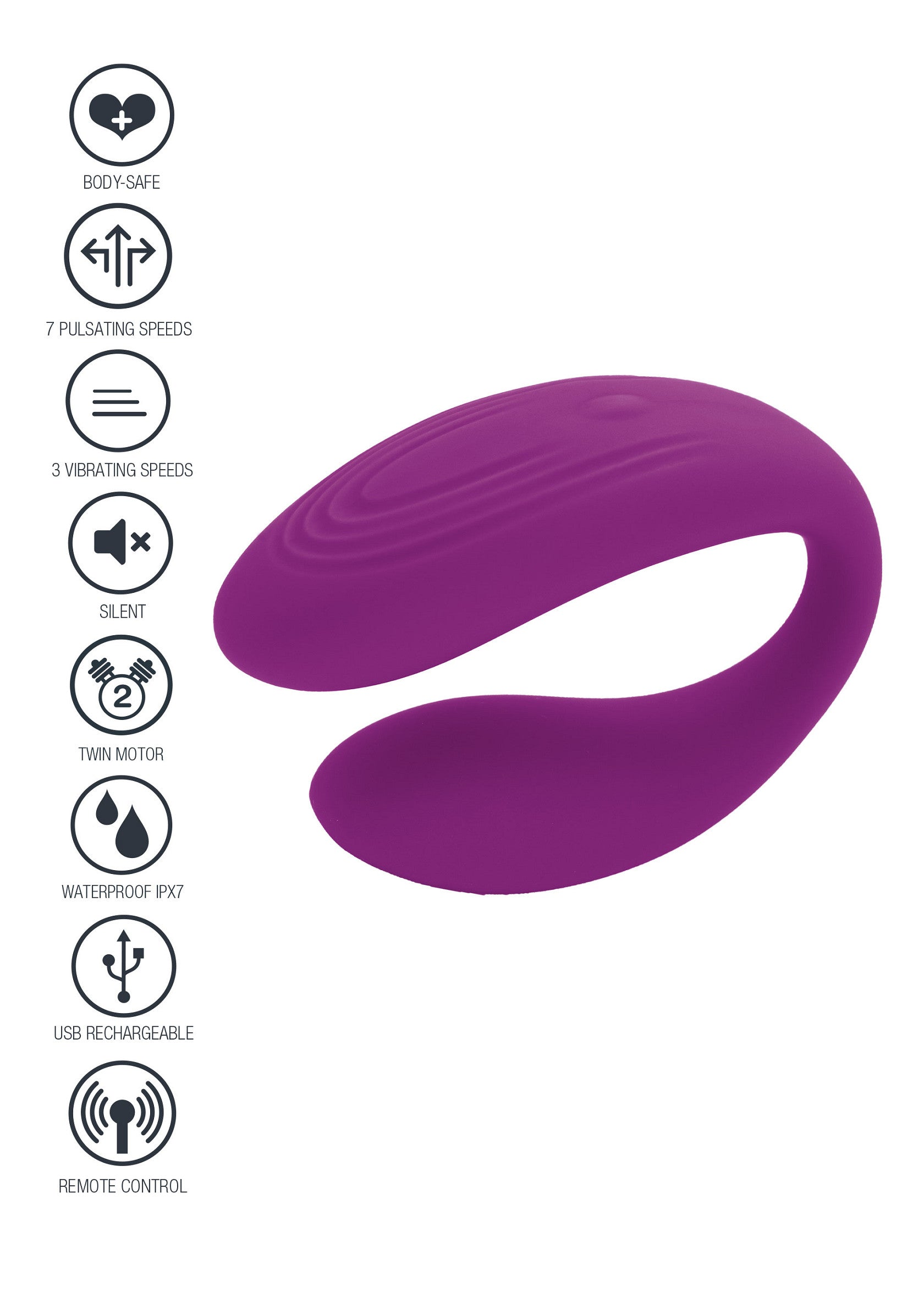 Vibrateur double violet: 7 modes de pulsation, 3 vitesses, silencieux, étanche, rechargeable USB, télécommande.; Paarse dubbele vibrator: 7 pulserende modi, 3 snelheden, stil, waterdicht, USB oplaadbaar, afstandsbediening.; Purple dual vibrator: 7 pulsating modes, 3 speeds, silent, waterproof, USB rechargeable, remote control.