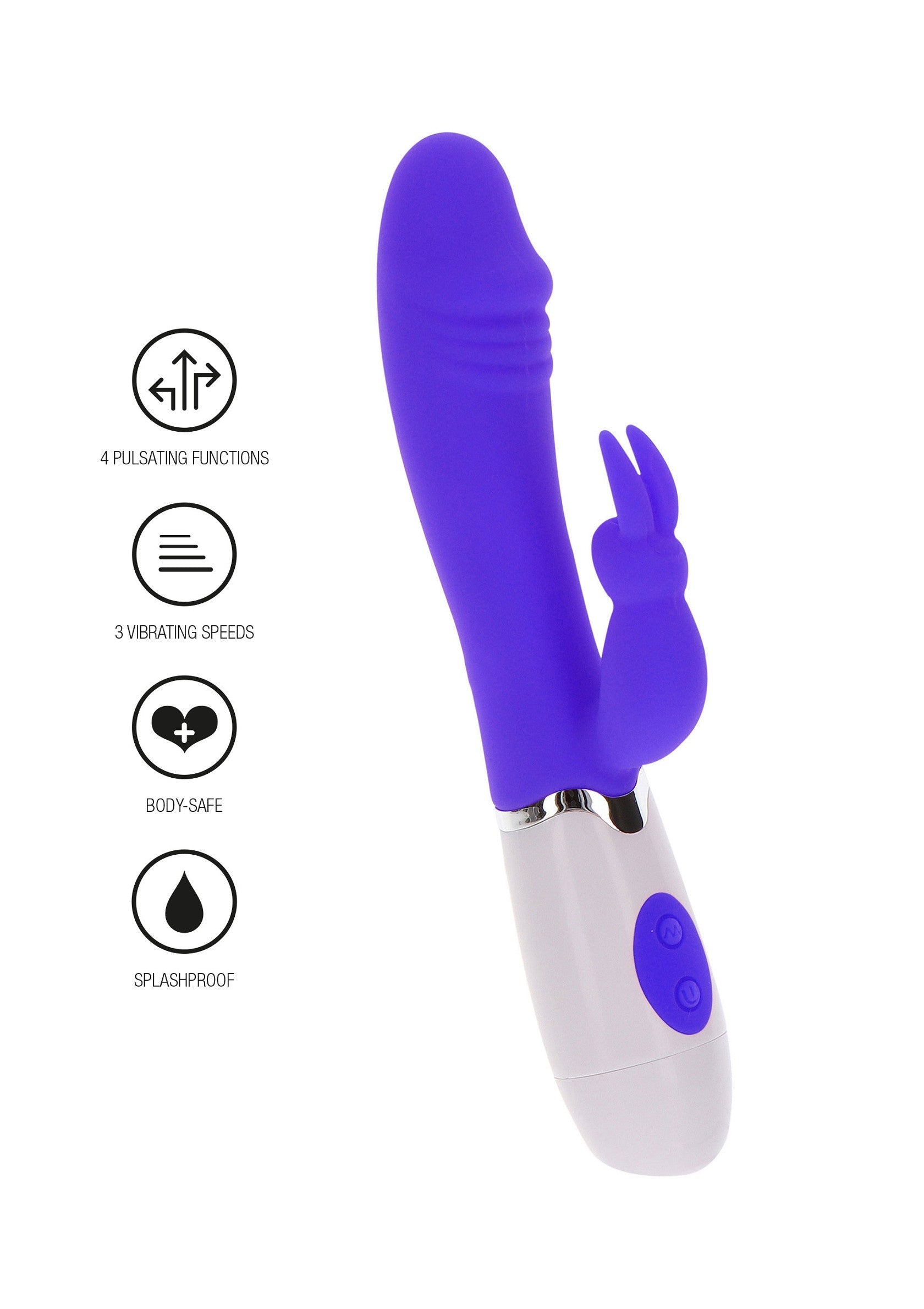 Vibromasseur vibrant Lapin violet et blanc avec 4 fonctions de pulsation, 3 vitesses de vibration. Sûr pour le corps et résistant aux éclaboussures.; Paarse en witte vibrerende Konijn vibrator met 4 pulserende functies, 3 vibrerende snelheden. Lichaamsveilig en spatwaterdicht.; Purple and white vibrating Rabbit vibrator with 4 pulsating functions, 3 vibrating speeds. Body-safe and splash-proof.