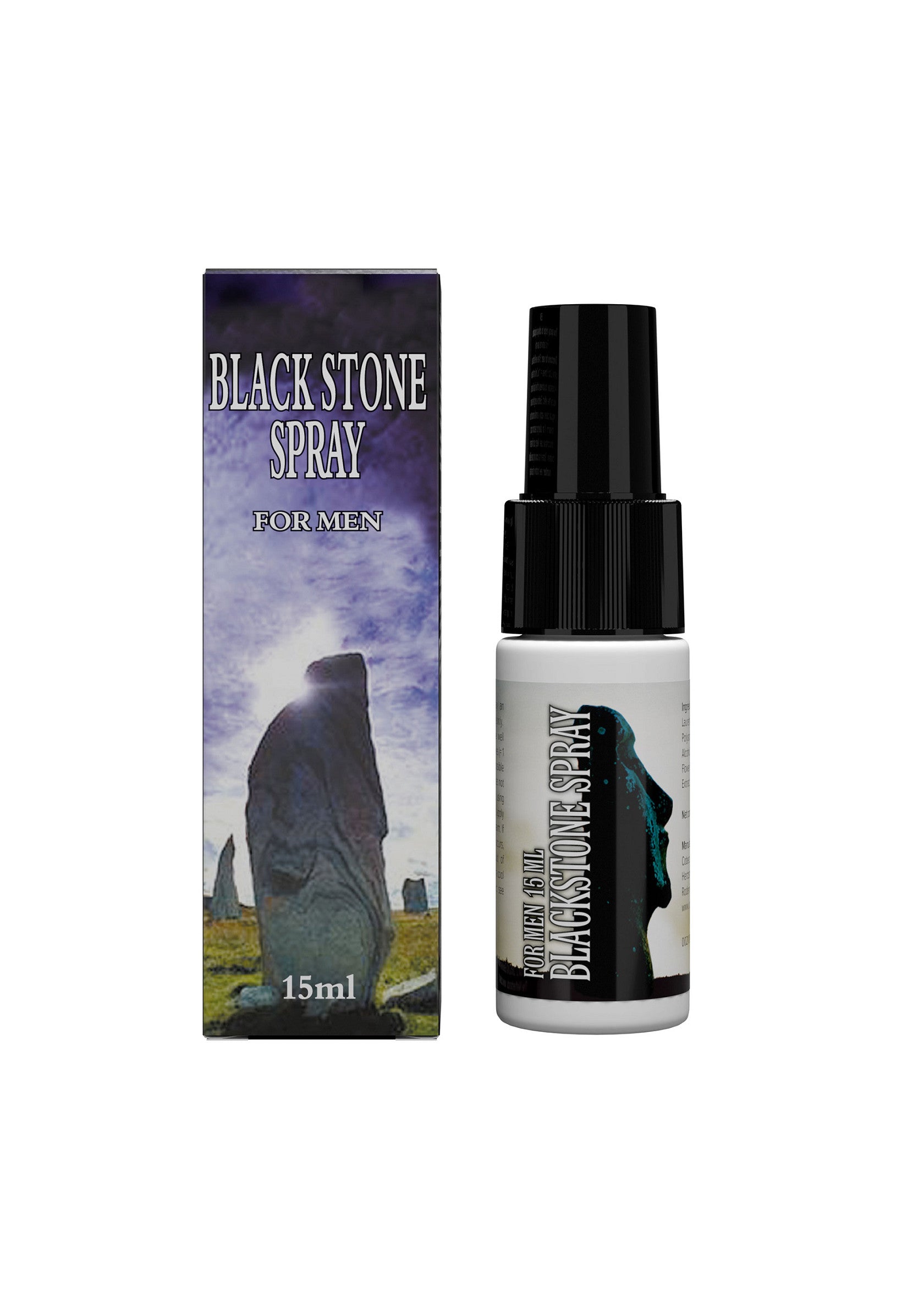Black Stone Spray pour hommes, un parfum masculin en vaporisateur de 15ml.; Black Stone Spray voor mannen, een mannelijke geur in een 15ml sprayfles.; Black Stone Spray for men, a masculine scent in a 15ml spray bottle.