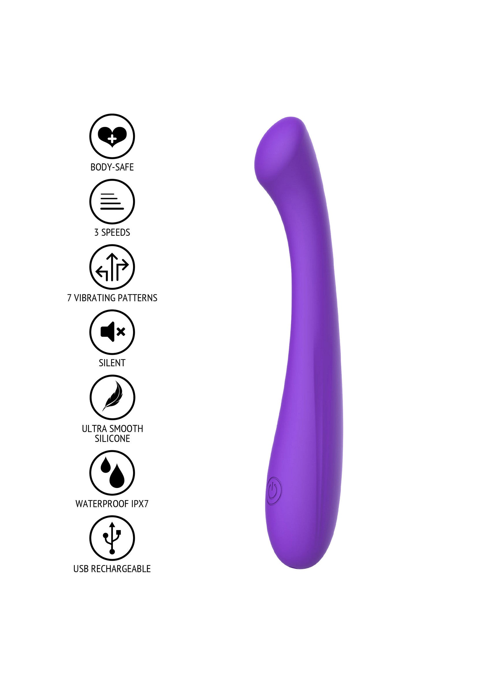 Vibromasseur violet incurvé avec 3 vitesses, 7 modèles vibrants, silencieux, silicone lisse, étanche IPX7 et rechargeable par USB.; Paarse gebogen vibrator met 3 snelheden, 7 vibratiepatronen, stil, gladde siliconen, IPX7 waterdicht en USB oplaadbaar.; Purple curved vibrator with 3 speeds, 7 vibrating patterns, silent, smooth silicone, IPX7 waterproof, and USB rechargeable.