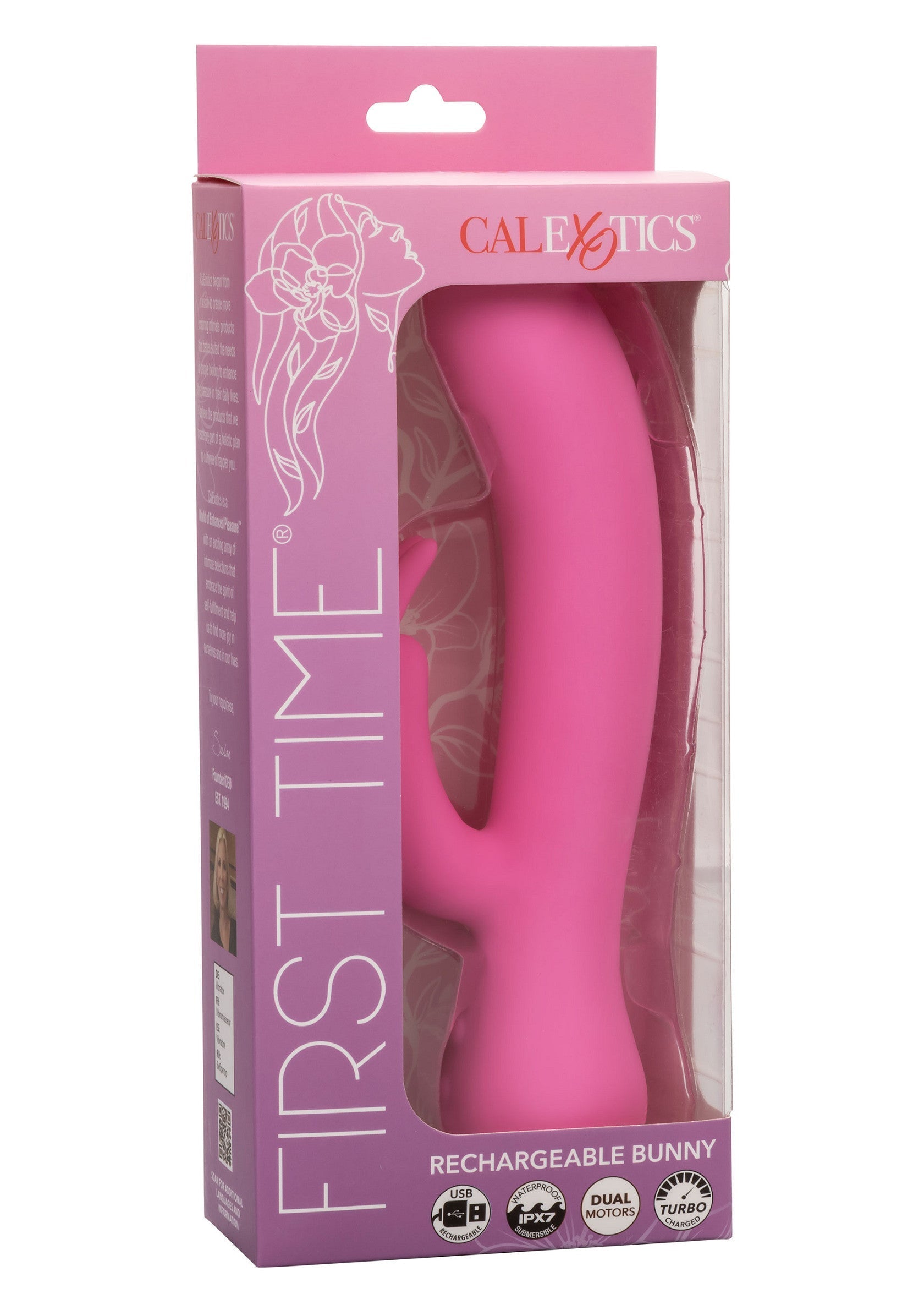 CalExotics First Time Rechargeable Bunny vibromasseur rose pour le plaisir féminin.; CalExotics First Time Oplaadbare Bunny roze vibrator voor vrouwelijk genot.; CalExotics First Time Rechargeable Bunny pink vibrator for female pleasure.