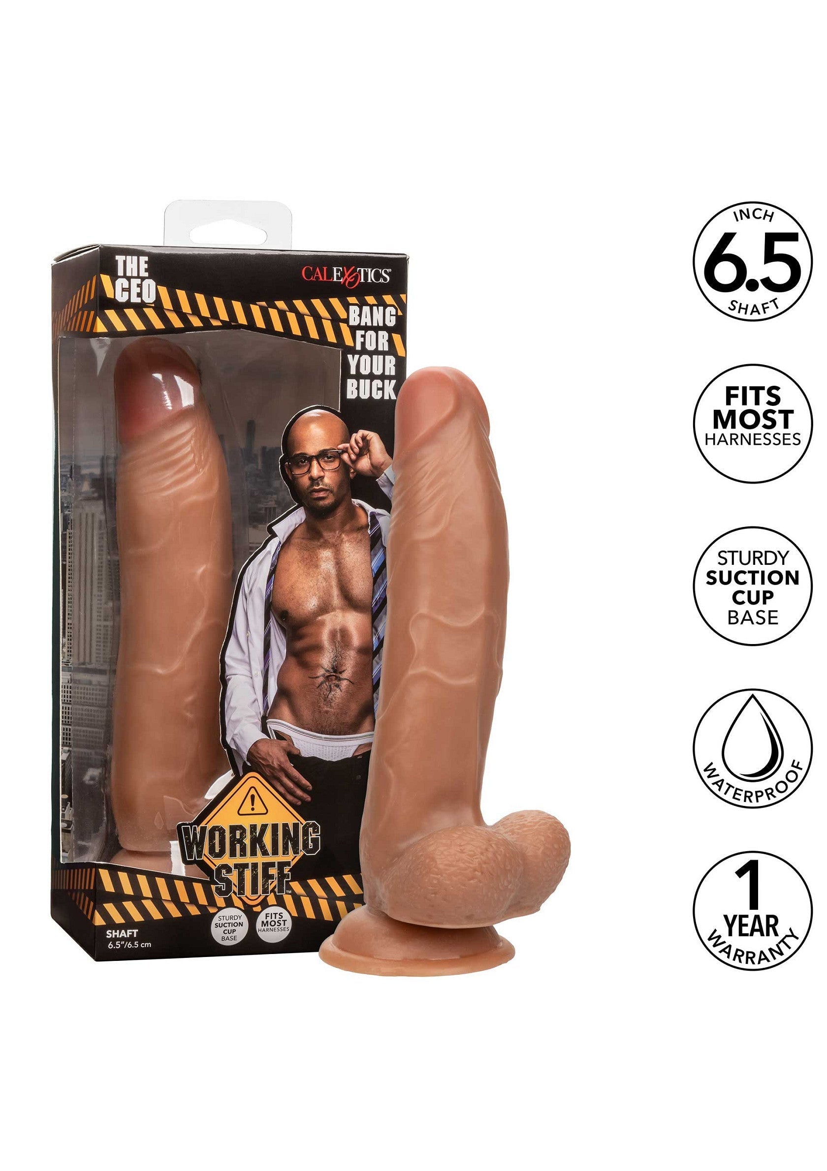 Gode "The CEO" CalExotics 16.5cm, réaliste, avec ventouse. Compatible avec harnais. Garantie 1 an. Plaisir assuré.; CalExotics "The CEO" dildo 16.5cm, realistisch, met zuignap. Geschikt voor de meeste harnassen. 1 jaar garantie. Gegarandeerd plezier.; CalExotics "The CEO" 6.5" dildo, realistic, with suction cup. Fits most harnesses. 1 year warranty. Guaranteed fun!