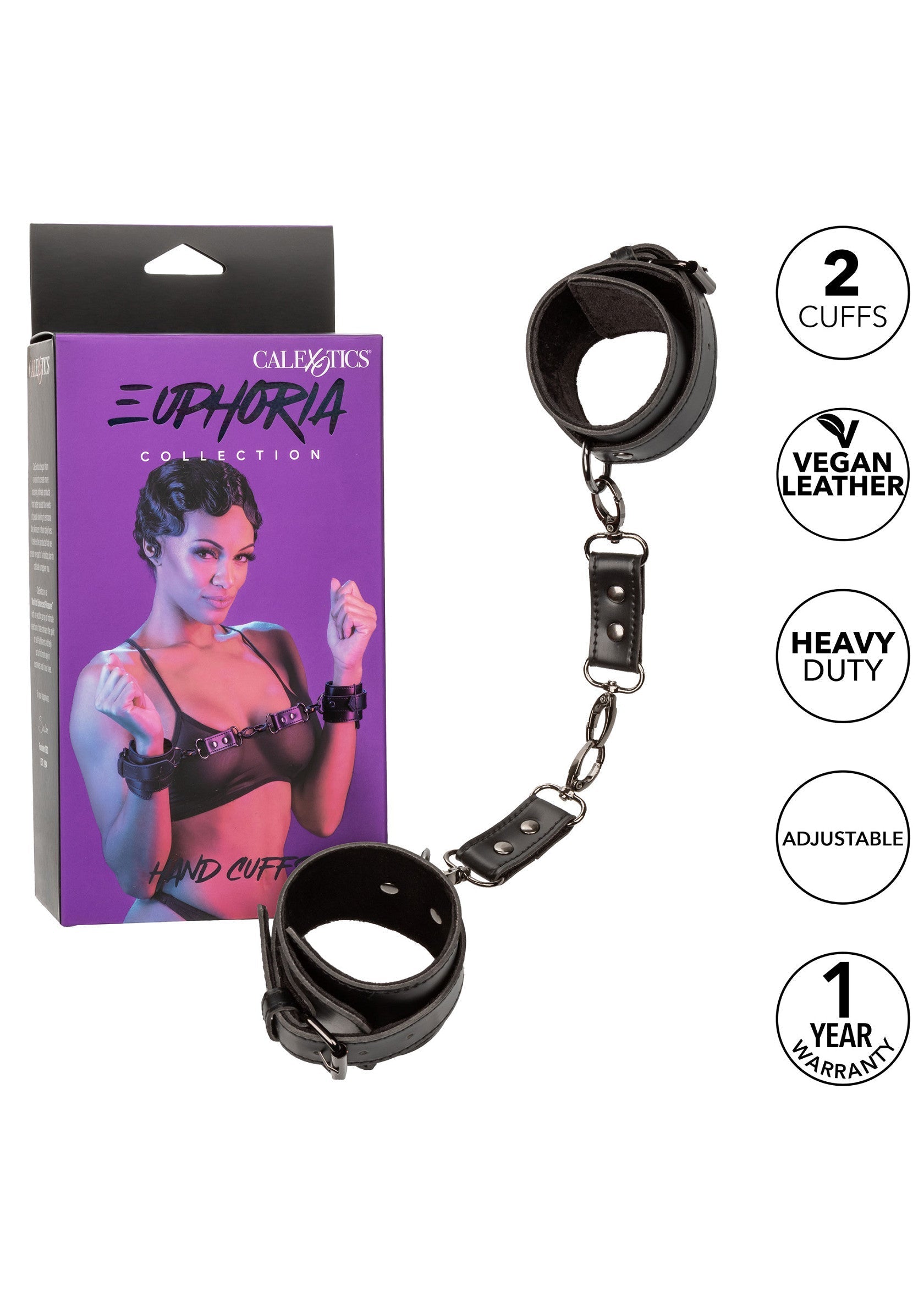 Menottes en cuir végan noir, ajustables et robustes de la collection Euphoria. Garantie 1 an. Explorez votre côté obscur!; Zwarte vegan lederen handboeien, verstelbaar en robuust uit de Euphoria collectie. 1 jaar garantie. Verken je donkere kant!; Black vegan leather hand cuffs, adjustable and heavy duty from the Euphoria collection. 1 year warranty. Explore your dark side!