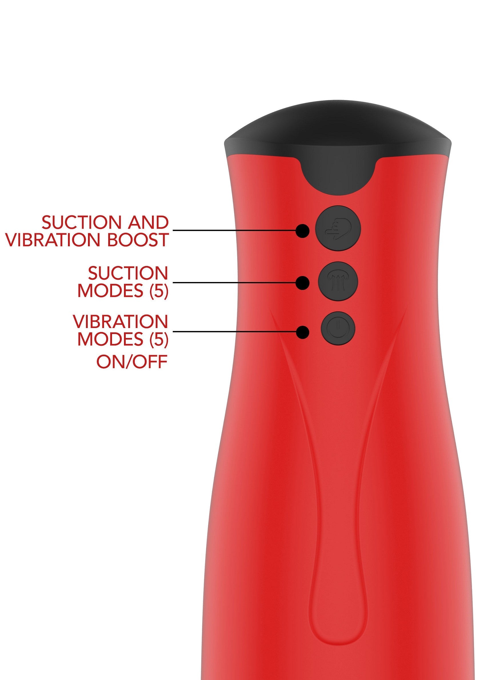 Appareil de massage rouge et noir avec des boutons pour contrôler l'aspiration et la vibration.; Rood en zwart massageapparaat met knoppen voor zuig- en trilstanden.; Red and black massage device with buttons to control suction and vibration.