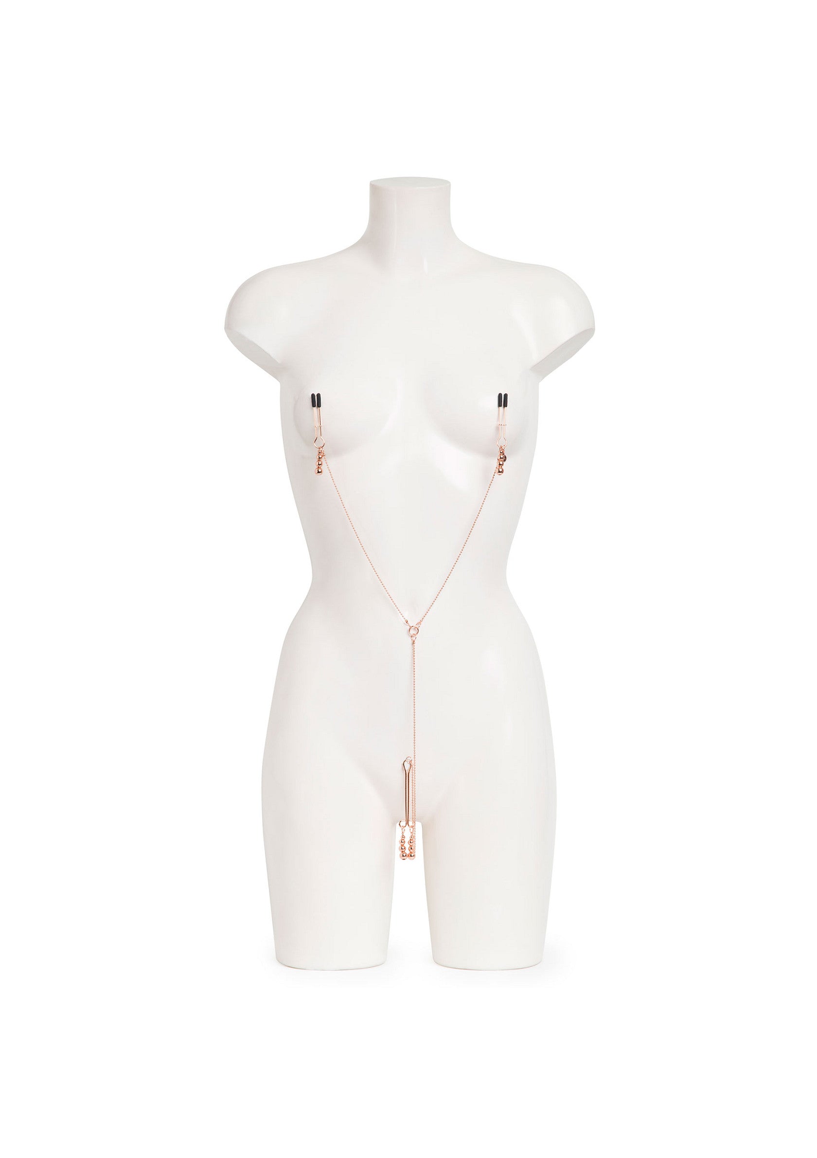 Pince-tétons avec chaîne et vibromasseur, pour une expérience sensuelle unique.; Tepelklemmen met ketting en vibrator voor een unieke, sensuele ervaring.; Nipple clamps with chain and vibrator for a unique sensual experience.