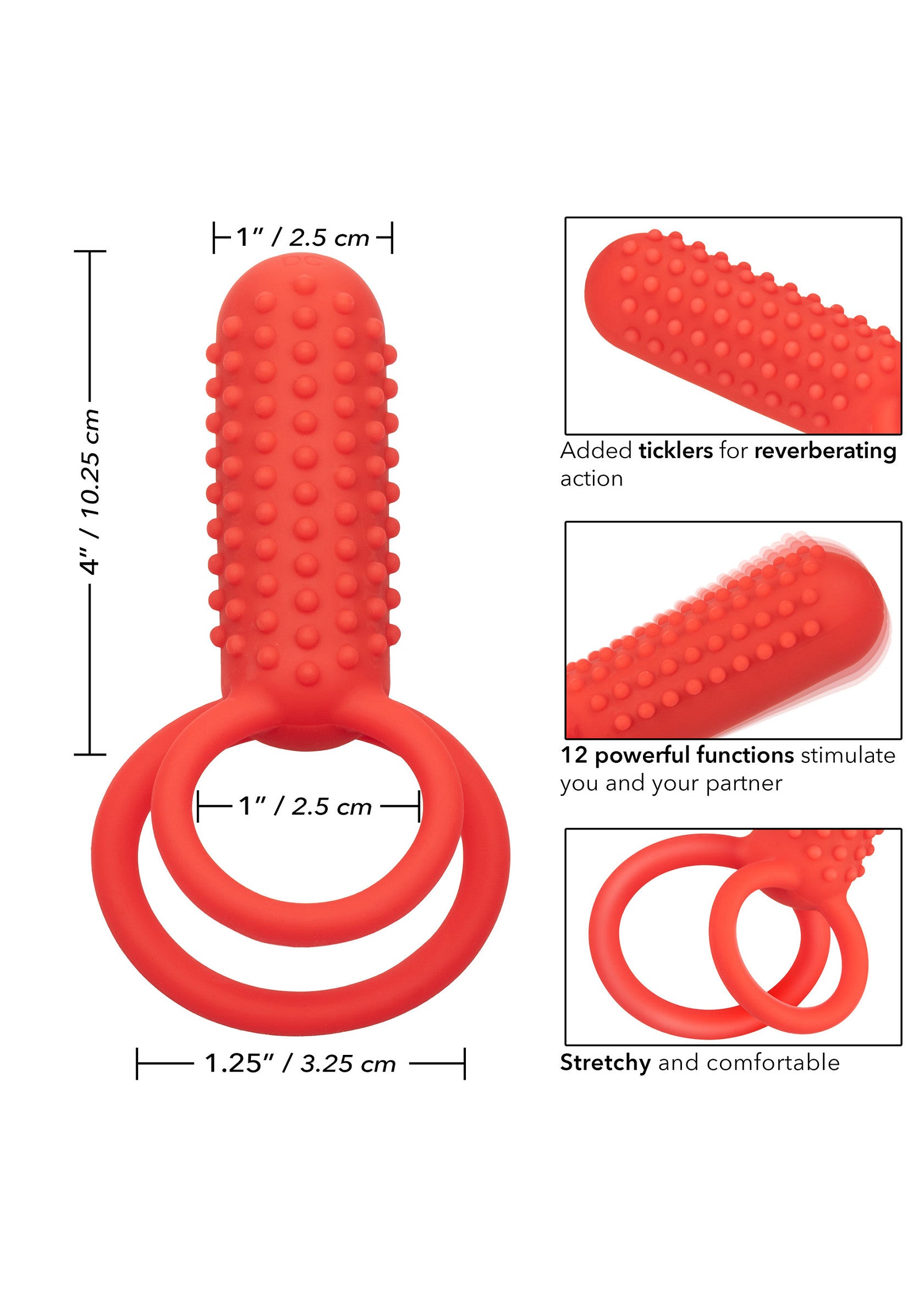 Anneau pénien vibrant avec picots stimulants. Confortable et extensible pour des sensations intenses.; Vibrerende penisring met stimulerende nopjes. Comfortabel en rekbaar voor intense sensaties.; Vibrating penis ring with stimulating nubs. Comfortable and stretchy for intense sensations.