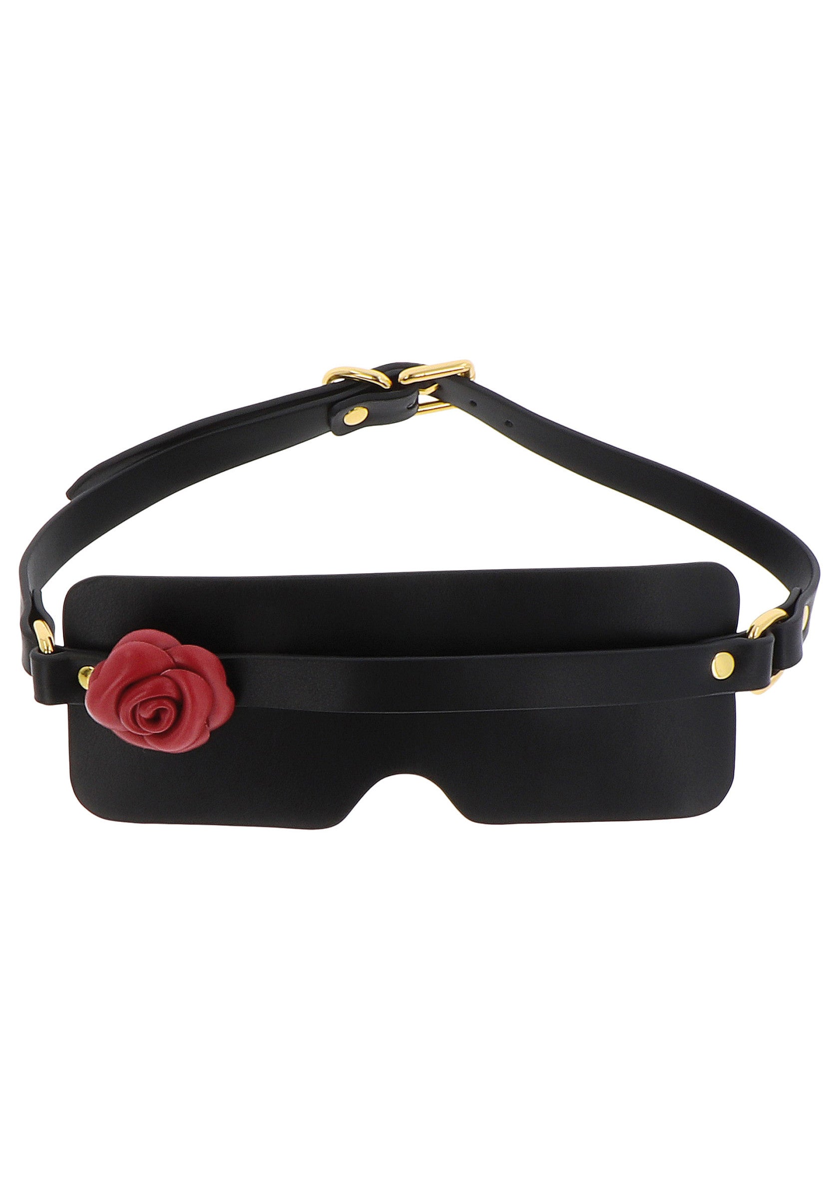Masque de sommeil noir avec rose rouge, ajustable avec boucle dorée. Accessoire de nuit élégant et confortable.; Zwart slaapmasker met rode roos, verstelbaar met gouden gesp. Stijlvol en comfortabel nachtaccessoire.; Black sleep mask with red rose, adjustable with gold buckle. Stylish and comfortable night accessory.