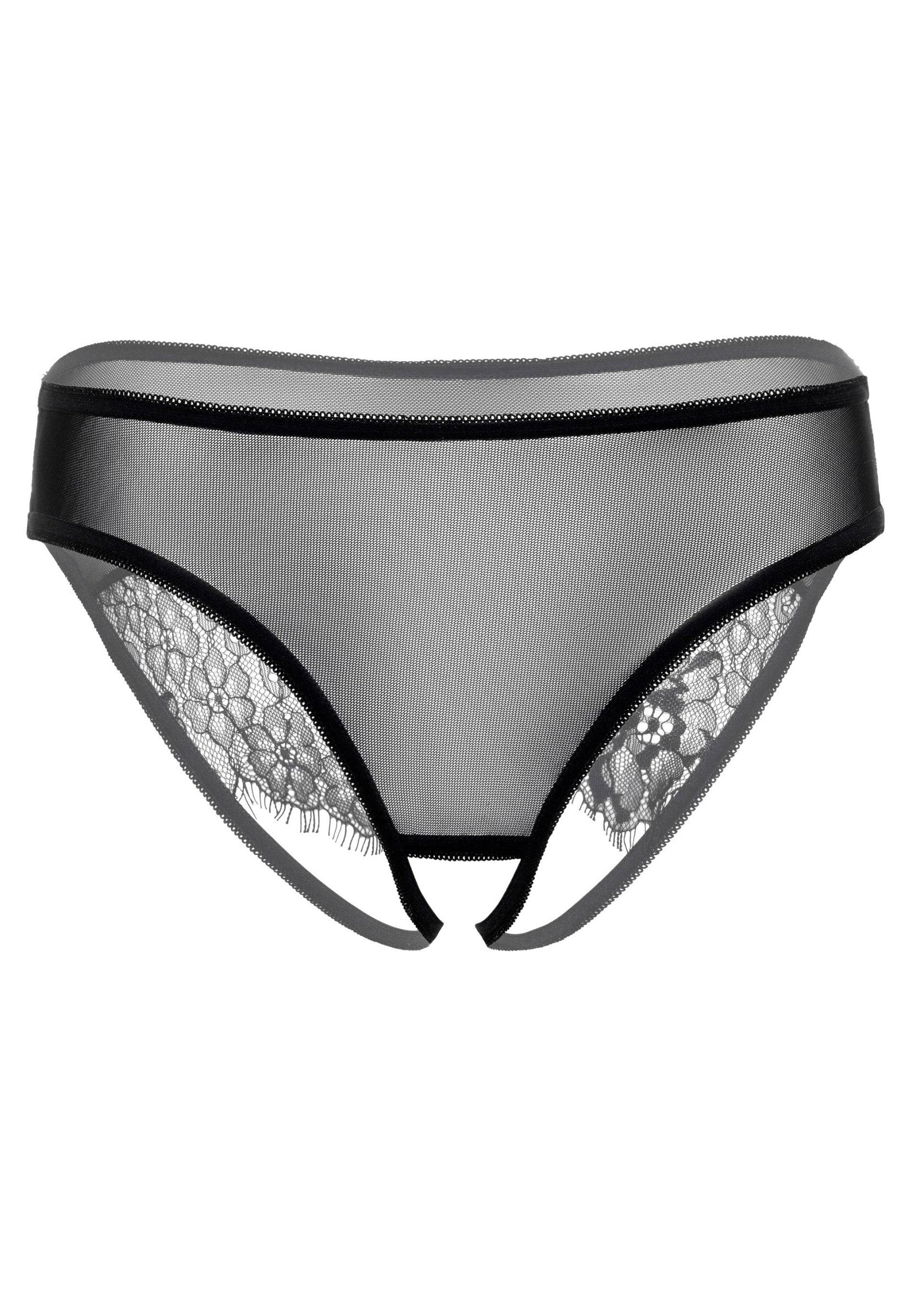 Culotte ouverte en tulle noir avec détails en dentelle pour une touche séduisante et confortable. ; Zwarte open kruisje van tule met kanten details voor een verleidelijke en comfortabele touch.; Black mesh open crotch panty with lace details for a seductive and comfortable touch.