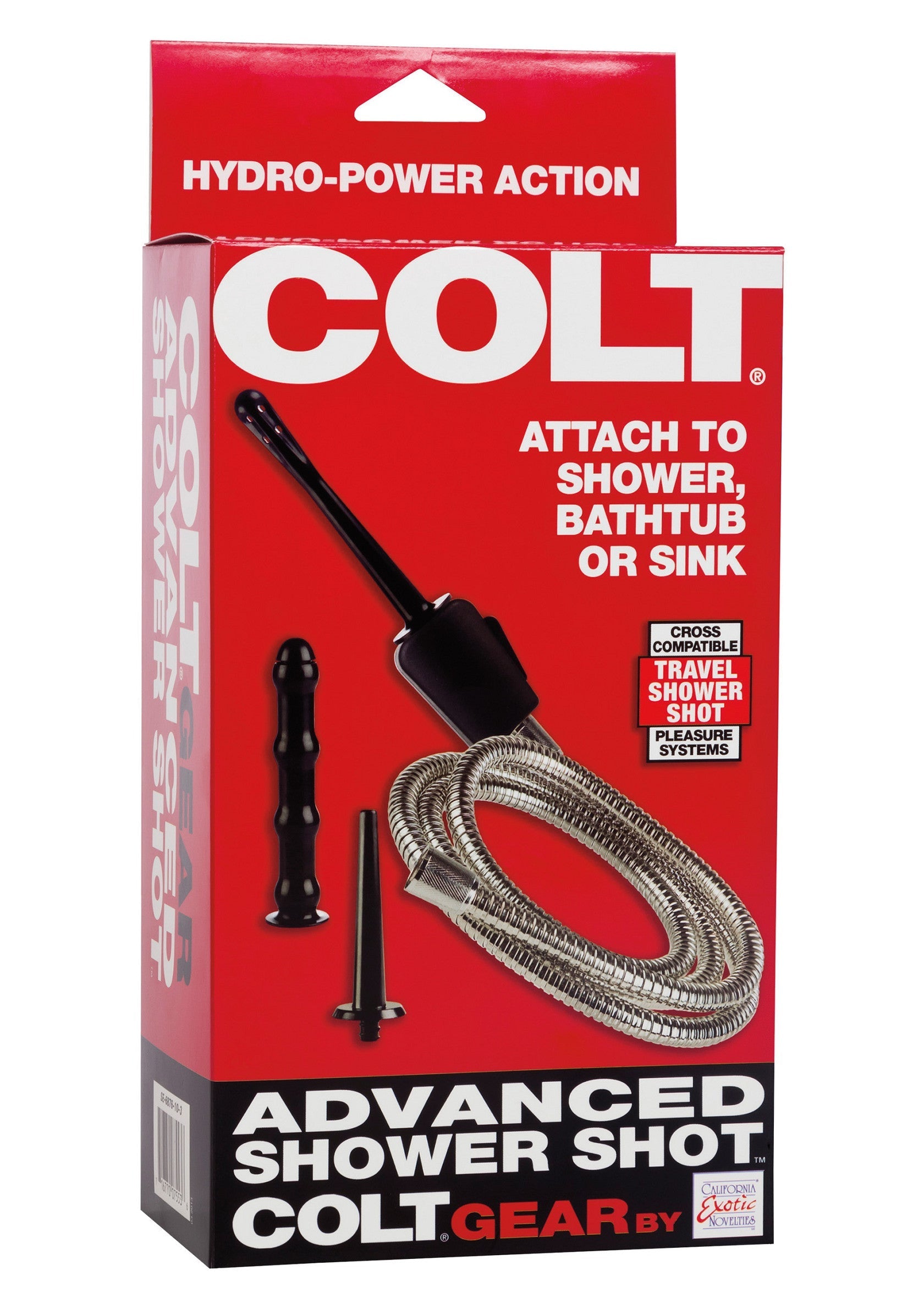 Colt Advanced Shower Shot. Système de douche hydro-puissant pour le plaisir intime. Fixation facile à la douche ou au lavabo.; Colt Advanced Shower Shot. Krachtig douchesysteem voor intiem plezier. Eenvoudige bevestiging aan douche of wastafel.; Colt Advanced Shower Shot. Hydro-powered shower system for intimate pleasure. Easy attachment to shower or sink.