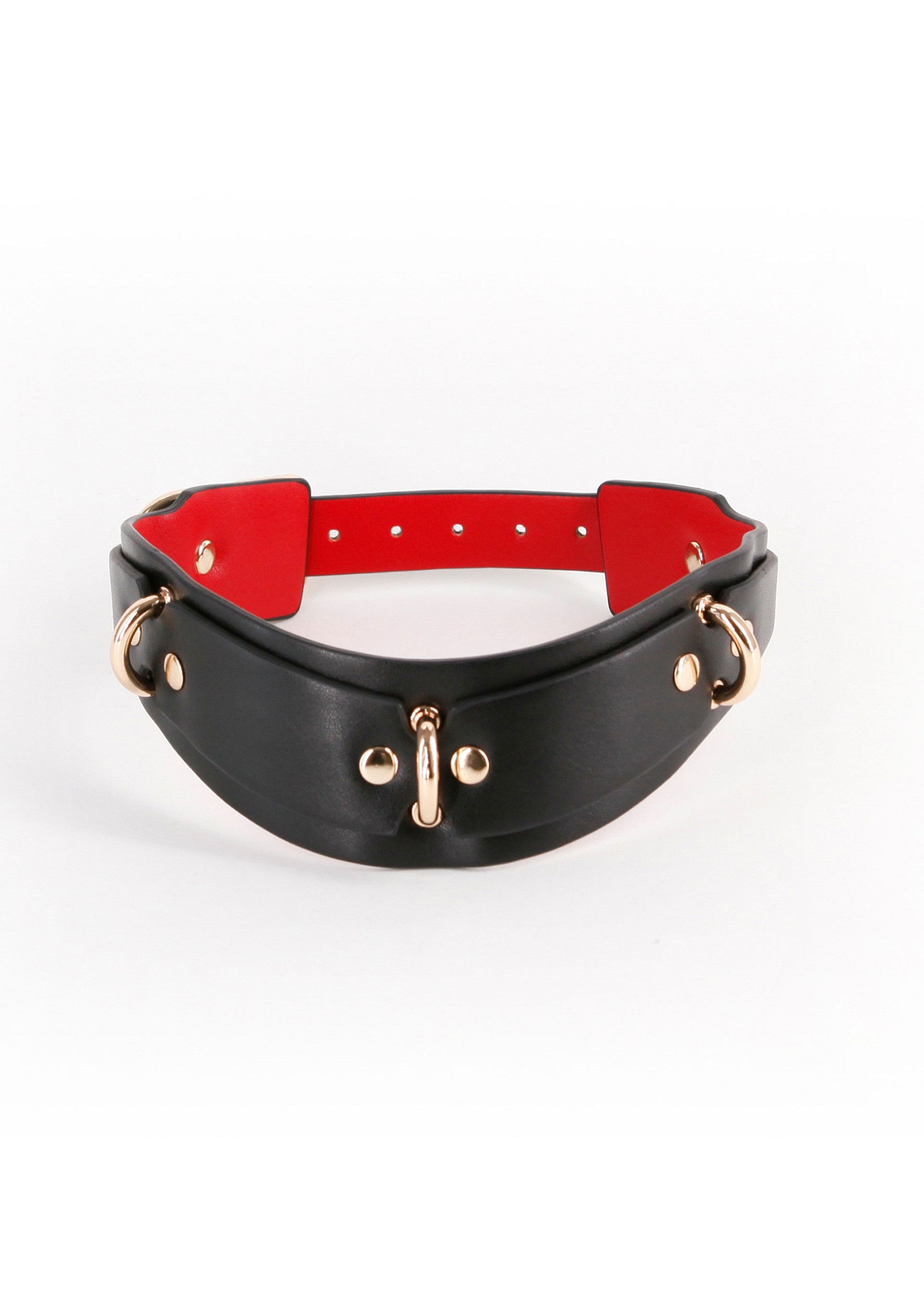 Collier en cuir noir et rouge avec détails dorés.; Zwart en rode lederen halsband met gouden details.; Black and red leather collar with gold details.