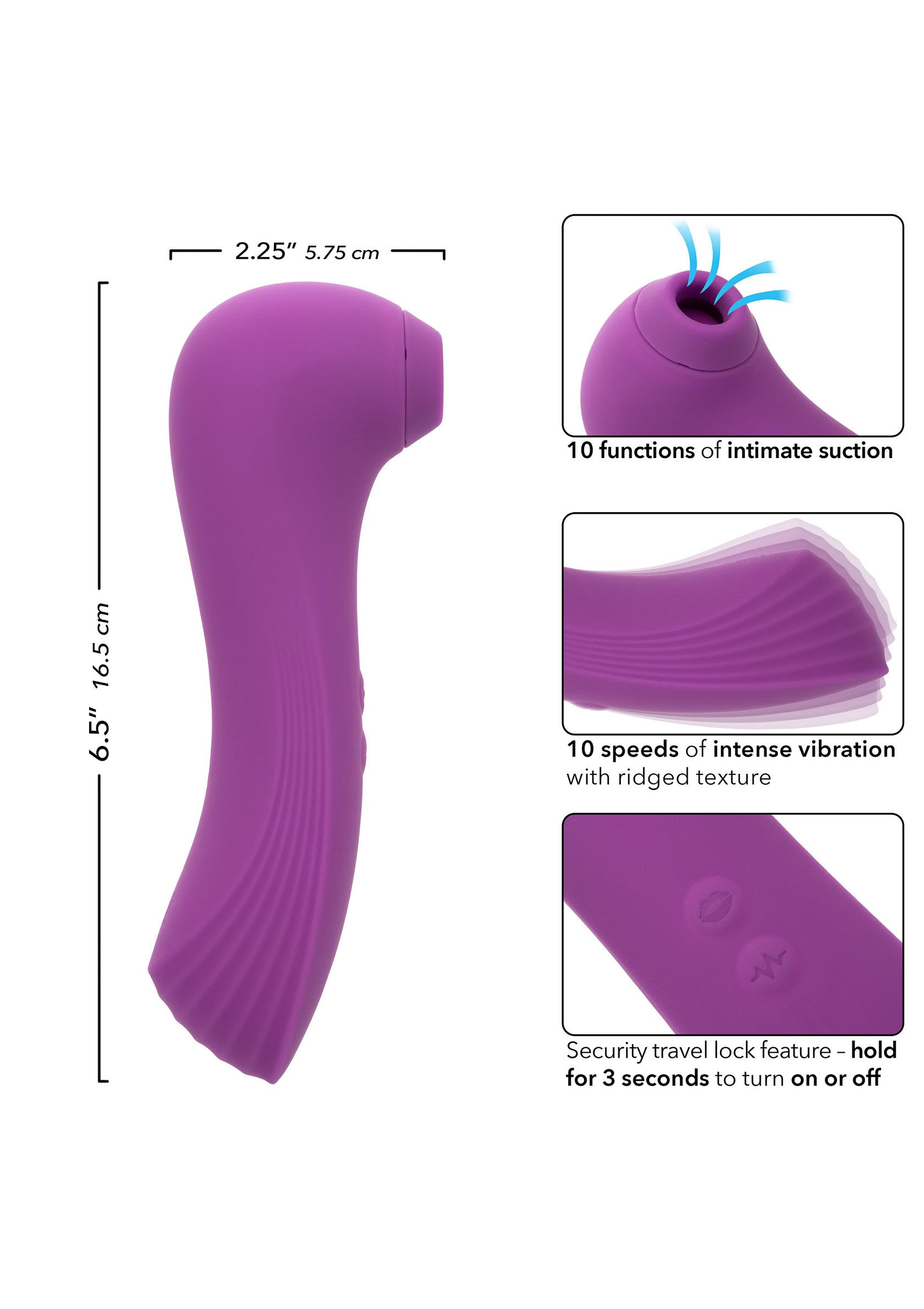 Vibromasseur violet avec succion et vibrations. 10 fonctions, 10 vitesses. Verrouillage de sécurité pour voyage.; Paarse vibrator met zuigfunctie en vibraties. 10 functies, 10 snelheden. Reisvergrendeling voor veiligheid.; Purple vibrator with suction and vibrations. 10 functions, 10 speeds. Security travel lock feature for safe travel.