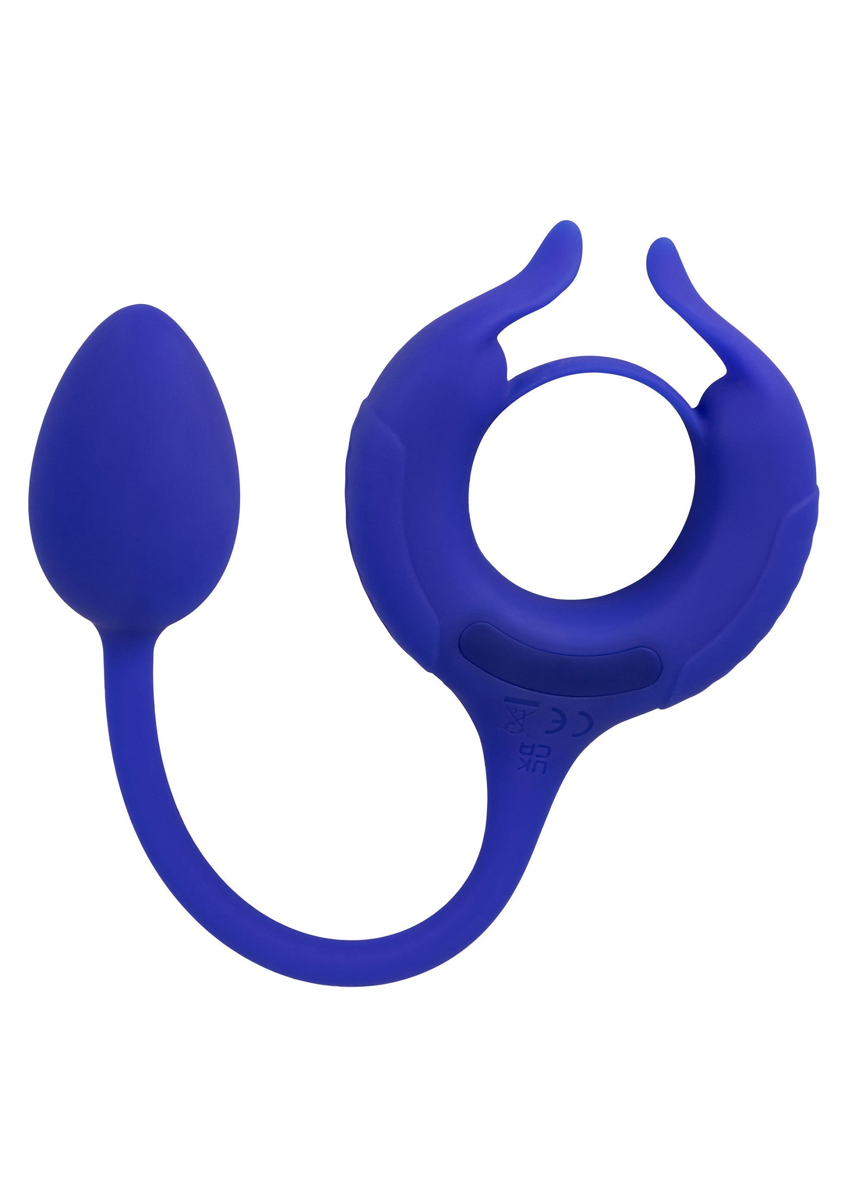 Jouet érotique vibrant bleu avec anneau pénien et plug anal pour le plaisir et la stimulation.; Blauw vibrerend speeltje met penisring en anale plug voor genot en stimulatie.; Blue vibrating toy with penis ring and butt plug for pleasure and stimulation.