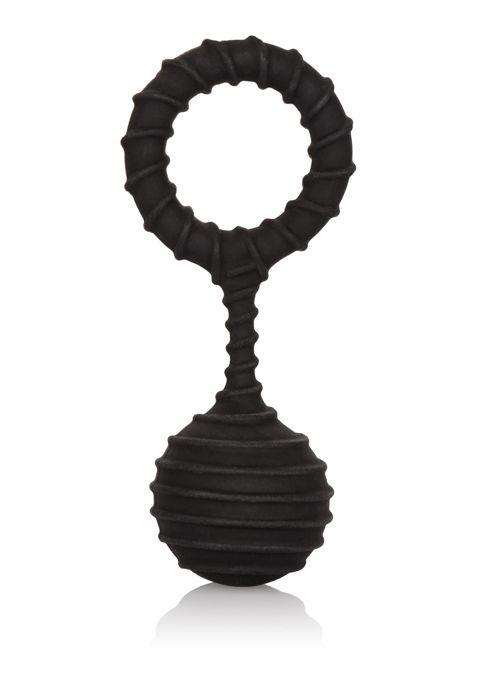 Hochet noir texturé avec anneau et boule, idéal pour l'éveil de bébé.; Zwarte, getextureerde rammelaar met ring en bal, perfect voor de ontwikkeling van baby's.; Textured black rattle toy with ring and ball, perfect for baby development.