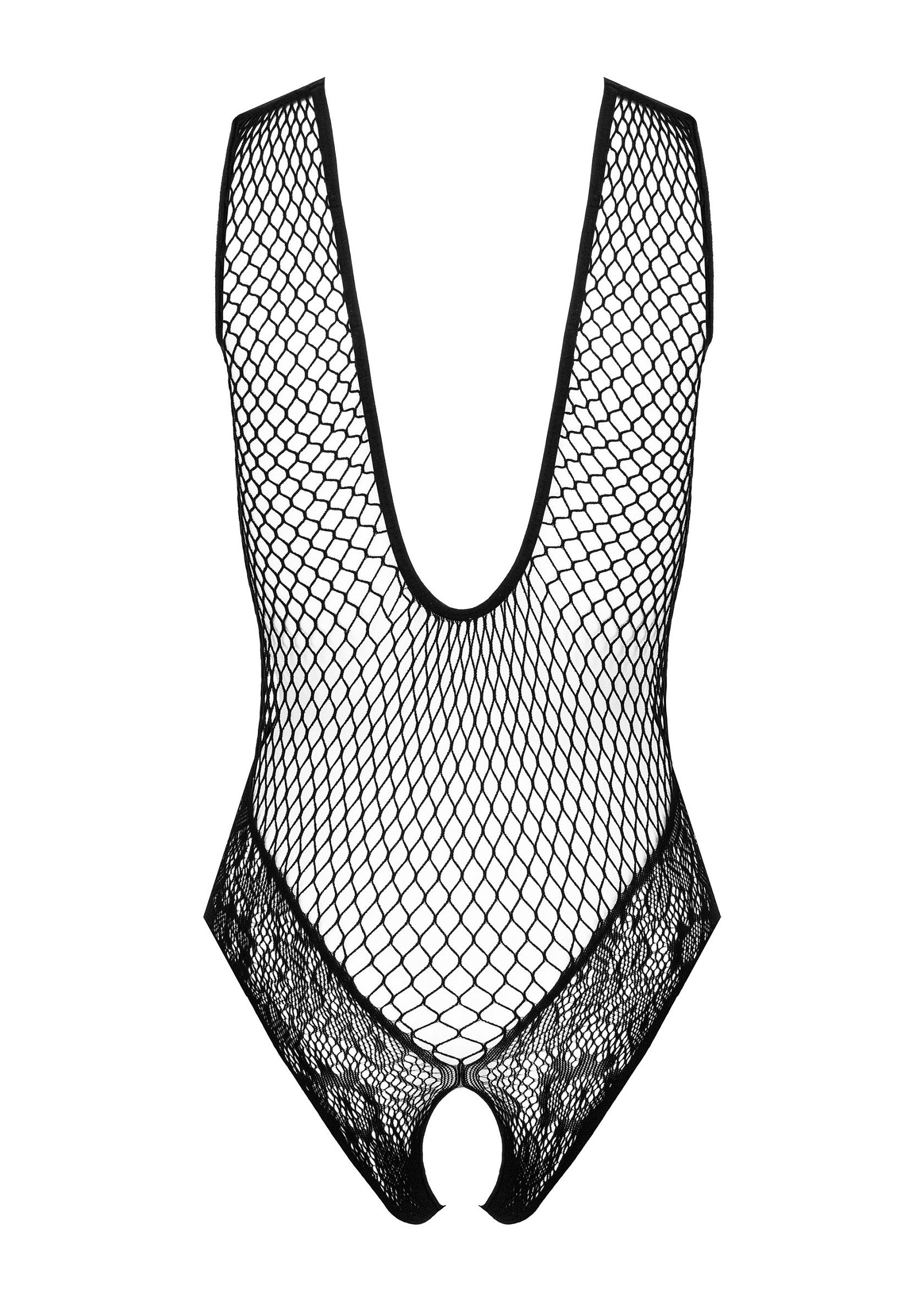 Body résille noir avec entrejambe ouverte pour une allure séduisante et audacieuse.; Zwarte visnetbody met open kruis voor een verleidelijke en gedurfde look.; Black fishnet bodysuit with open crotch for a seductive and daring look.