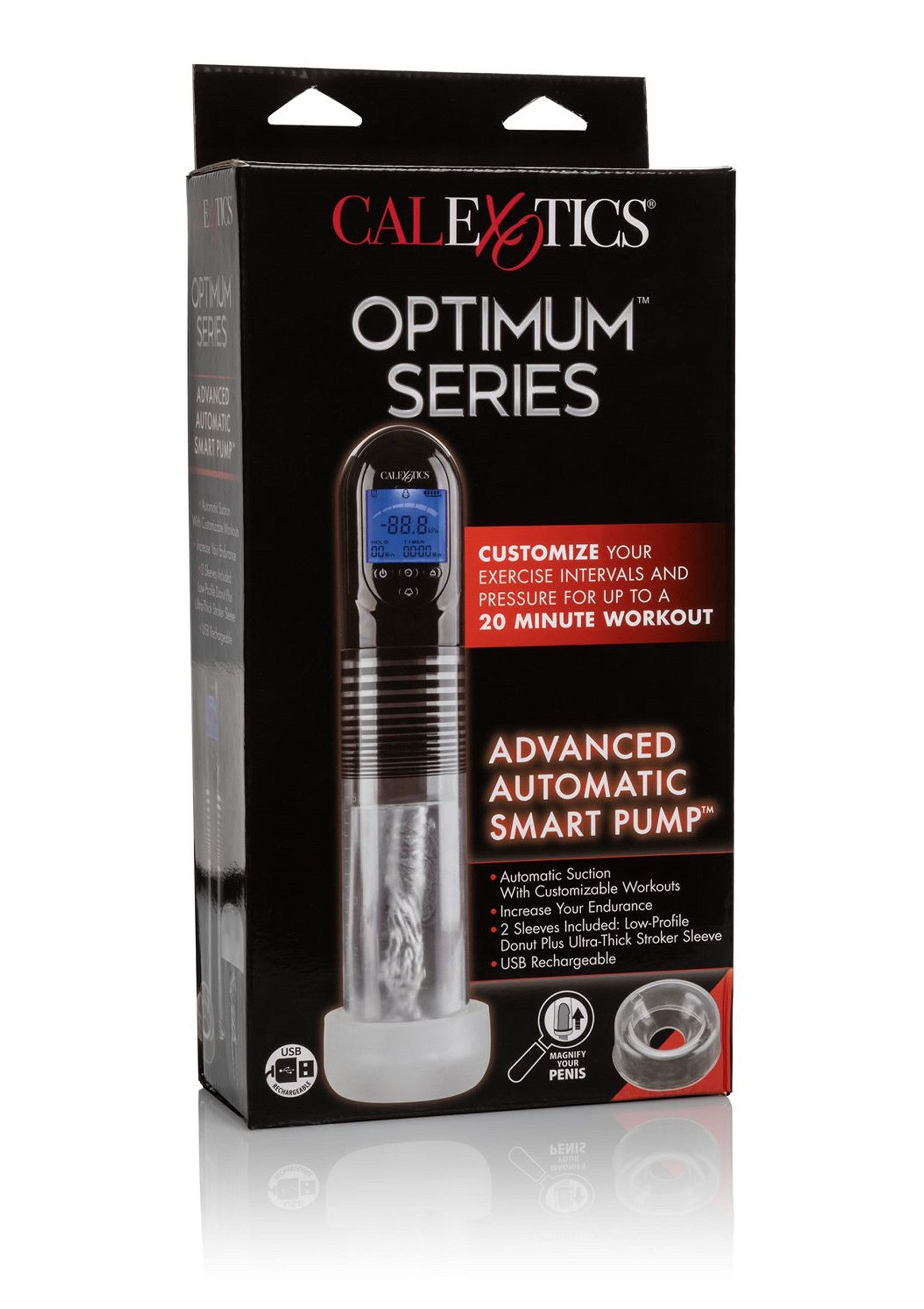 CalExotics Optimum Series : pompe pénienne automatique avancée. Personnalisez vos séances pour un entraînement jusqu'à 20 minutes.; CalExotics Optimum Series: geavanceerde automatische penis pomp. Pas je sessies aan voor een training tot 20 minuten.; CalExotics Optimum Series: advanced automatic penis pump. Customize your sessions for workouts up to 20 minutes.