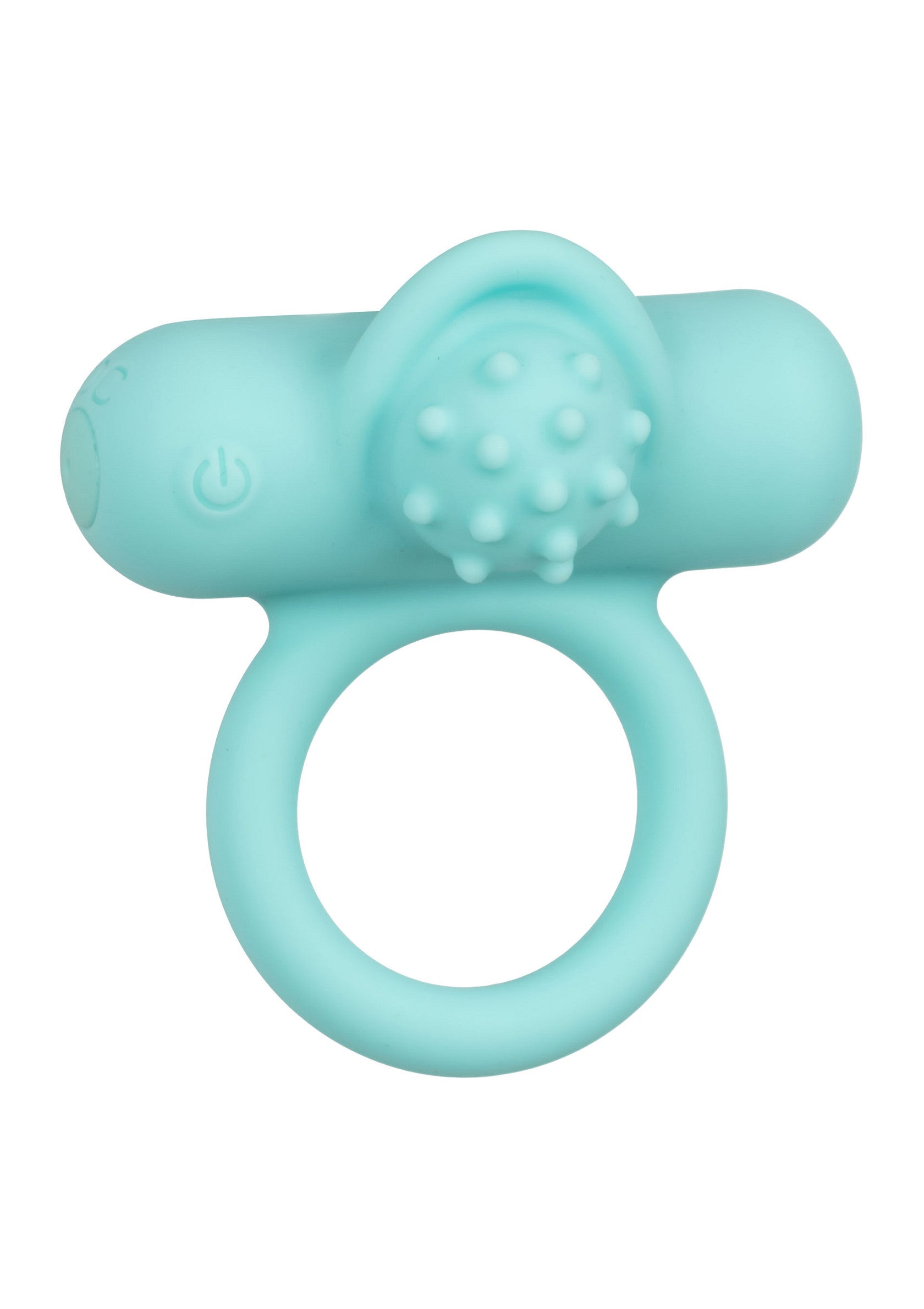 Anneau vibrant bleu turquoise pour couples, avec stimulateur texturé pour plus de plaisir.; Turkoois blauwe vibrerende ring voor koppels, met getextureerde stimulator voor extra plezier.; Teal vibrating cock ring for couples, with textured stimulator for added pleasure.