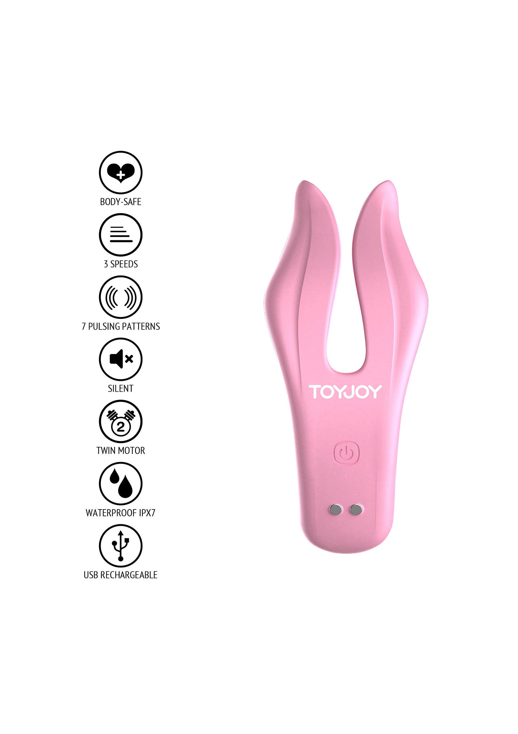 Vibromasseur rose ToyJoy, sûr pour le corps, 3 vitesses, 7 modes, silencieux, double moteur, étanche IPX7 et rechargeable par USB.; Roze ToyJoy vibrator, veilig voor het lichaam, 3 snelheden, 7 patronen, stil, dubbele motor, waterdicht IPX7 en USB oplaadbaar.; Pink ToyJoy vibrator, body-safe, 3 speeds, 7 patterns, silent, twin motor, waterproof IPX7, and USB rechargeable.