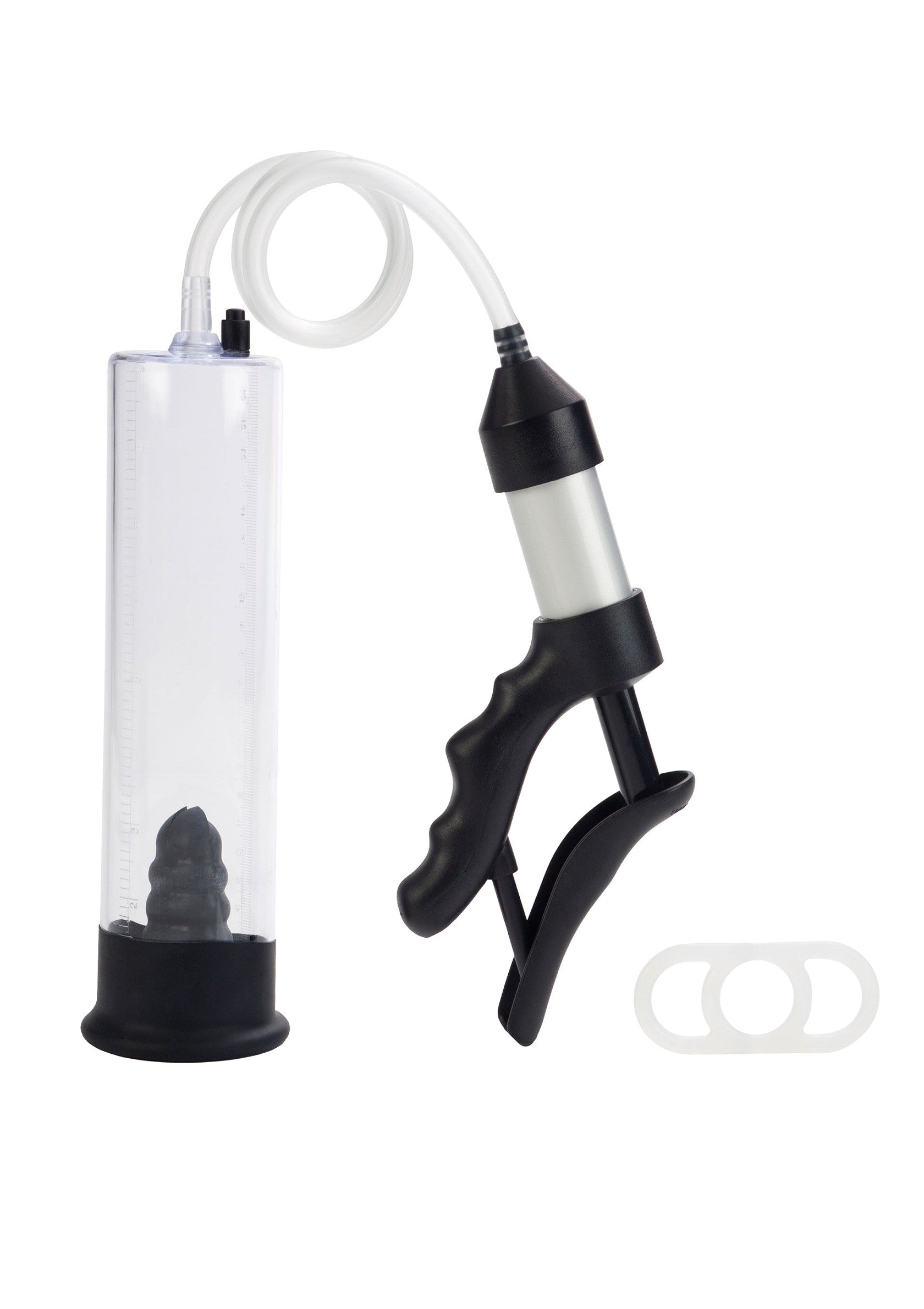 Pompe à pénis avec cylindre transparent, poignée ergonomique noire et accessoires.; Penis pomp met transparante cilinder, zwarte ergonomische handgreep en accessoires.; Penis pump with clear cylinder, black ergonomic handle, and accessories.