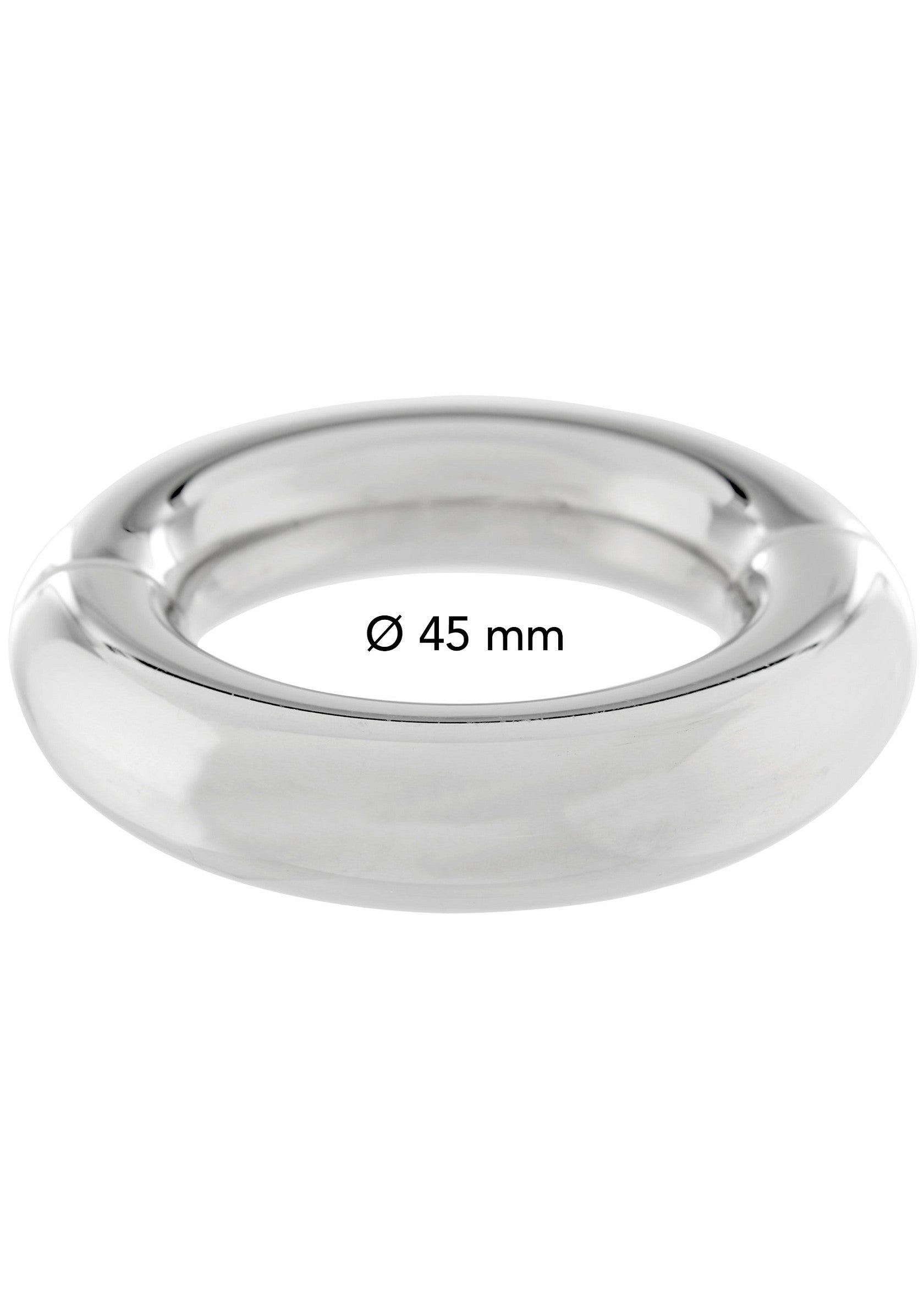 Anneau pénien en acier inoxydable poli, diamètre intérieur 45 mm.; Gepolijste roestvrijstalen penisring, binnendiameter 45 mm.; Polished stainless steel cock ring, 45 mm inner diameter.