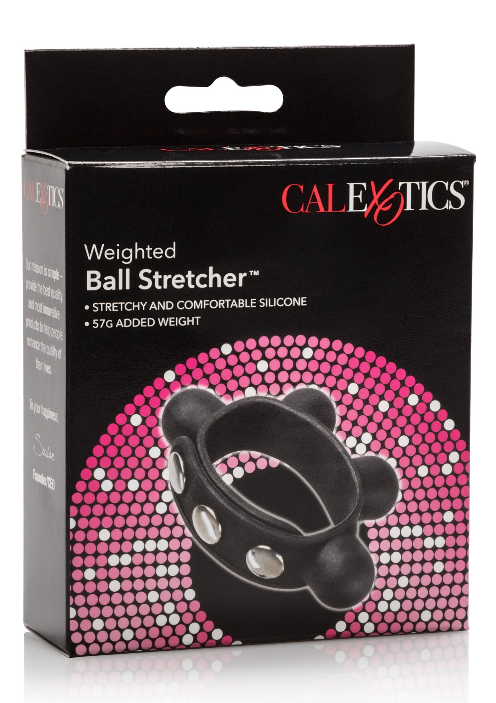 CalExotics Weighted Ball Stretcher. Anneau pénien lesté en silicone confortable et extensible. Expédition discrète.; CalExotics Weighted Ball Stretcher. Verzwaarde penisring van comfortabele, rekbare siliconen. Discrete verzending.; CalExotics Weighted Ball Stretcher. Weighted cock ring made of comfortable, stretchy silicone. Discreet shipping.